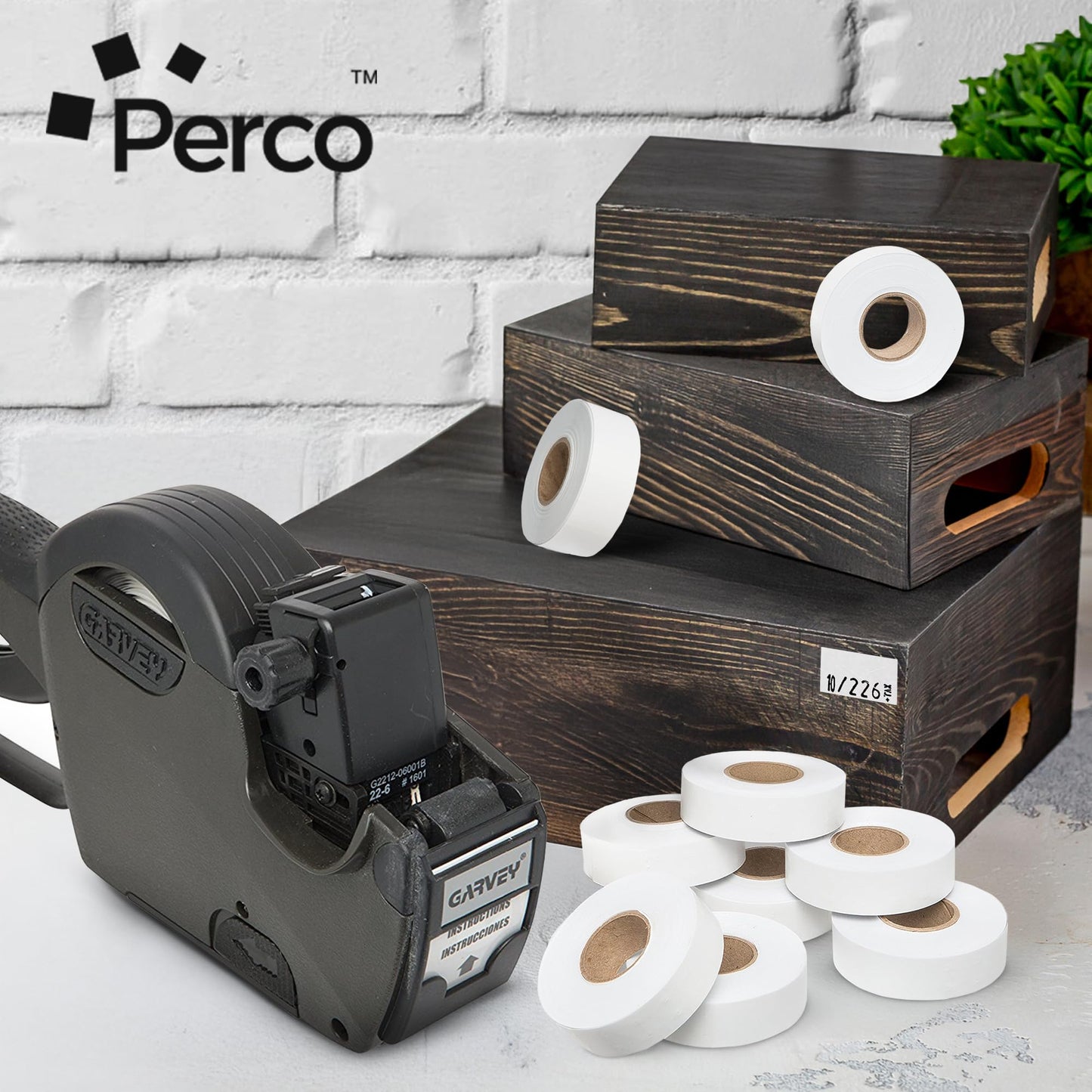 Perco 2212 White Pricing Labels for Garvey Contact 22-6/22-7/22-8 Price Gun - 9 Rolls, 11,000 Pricemarking Labels - with Bonus Ink Roll