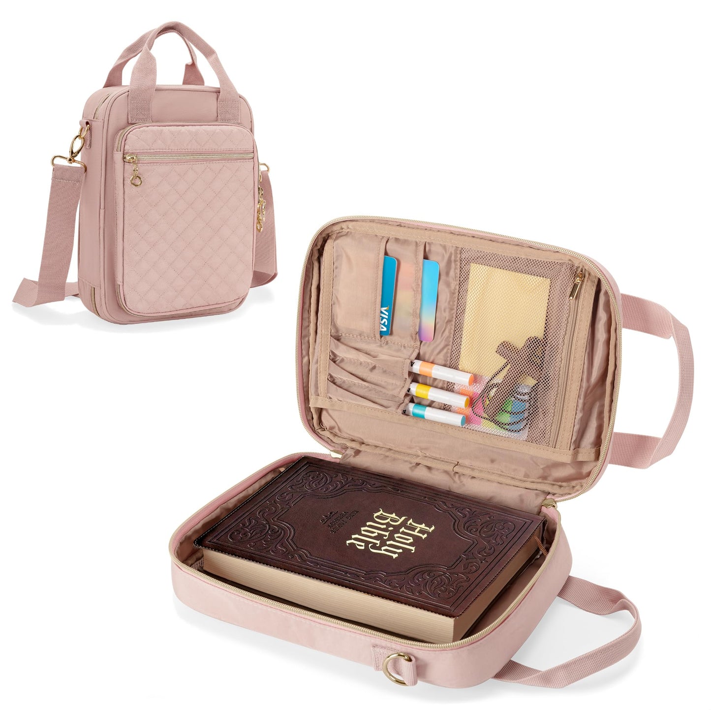 Teamoy Bible Cover Case for Women Men, Bible Book Cover Church Bag Carrying Case with Shoulder Strap, Pink Quilted