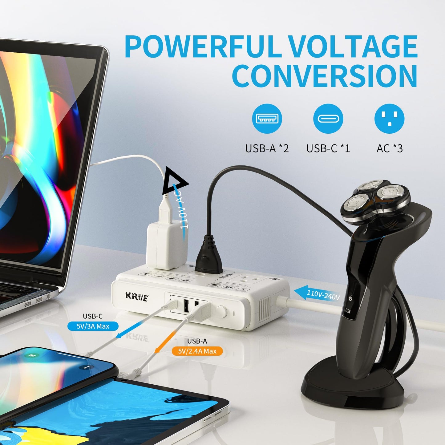 220v to 110v Voltage Converter Adapter: International US to Europe Travel Power Strip Plug Transformer - 2000W Electric Hair Dryer Step Down Outlet Converters for US European UK EU Italy