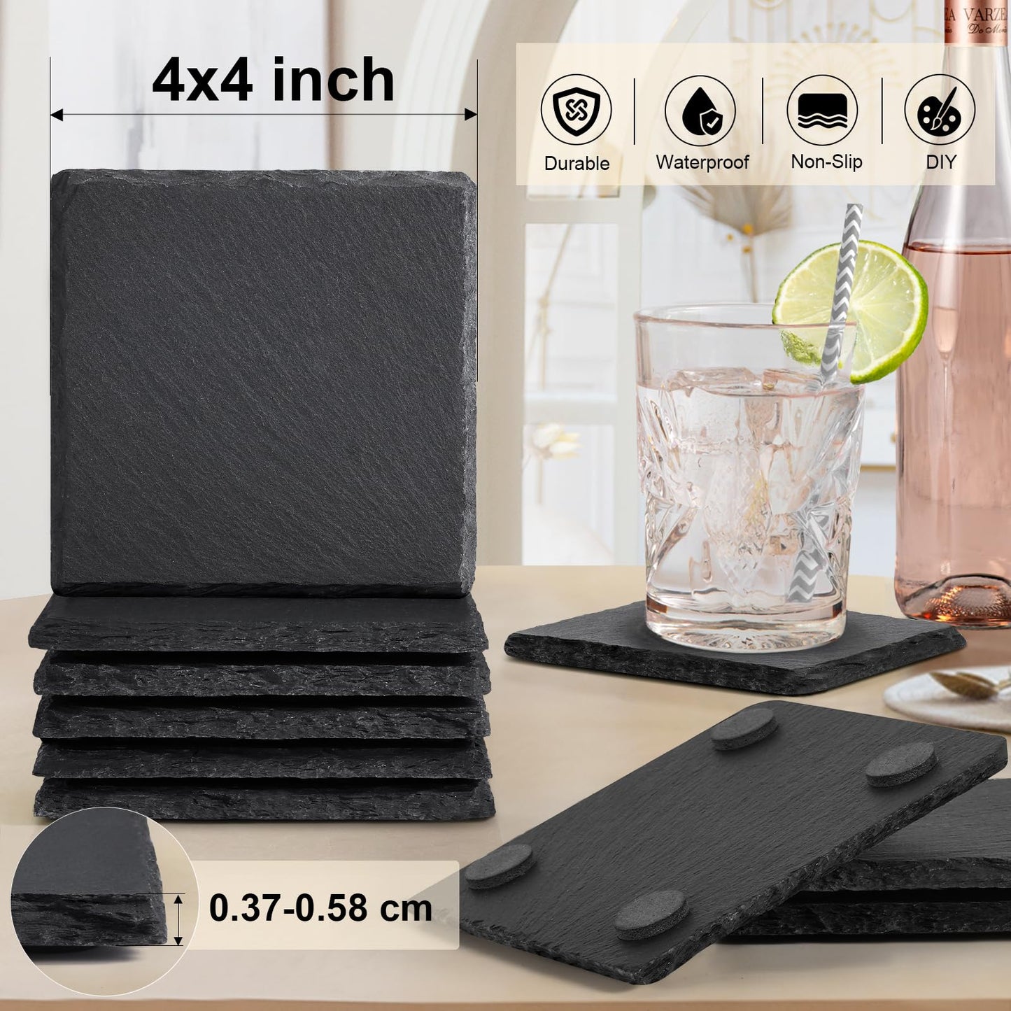 60 PCS Slate Stone Coasters Bulk, MAPRIAL 4 Inch 30 PCS Black Square, 30 PCS Round Handmade Drink Coasters for Laser Engraving, Engravable Blanks Material for Engraver, Home Decor, Gifts