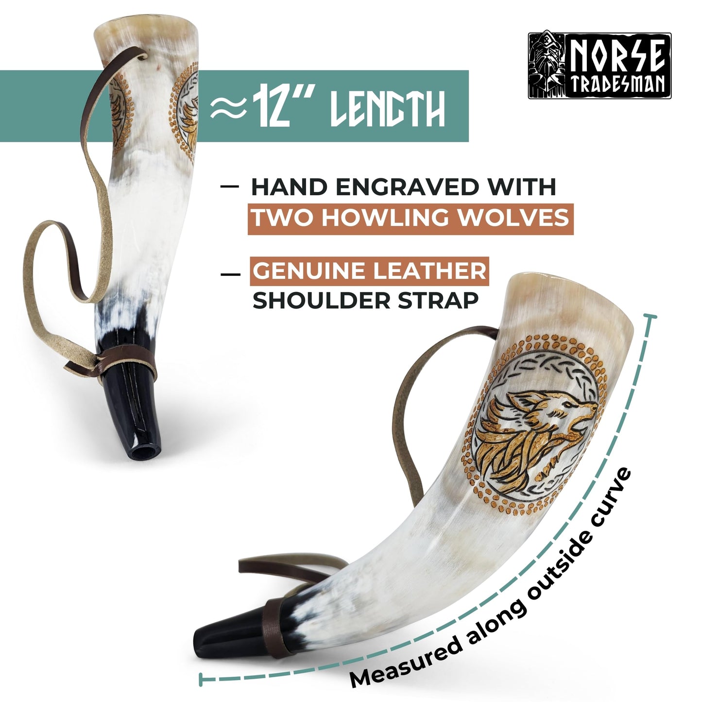 Norse Tradesman Viking War Horn – 12" Blow Horn Battle Trumpet Crafted from Authentic Premium Ox Horn – Hand Engraved with Norse Wolves – A Stirring Piece of History – "The Howler"