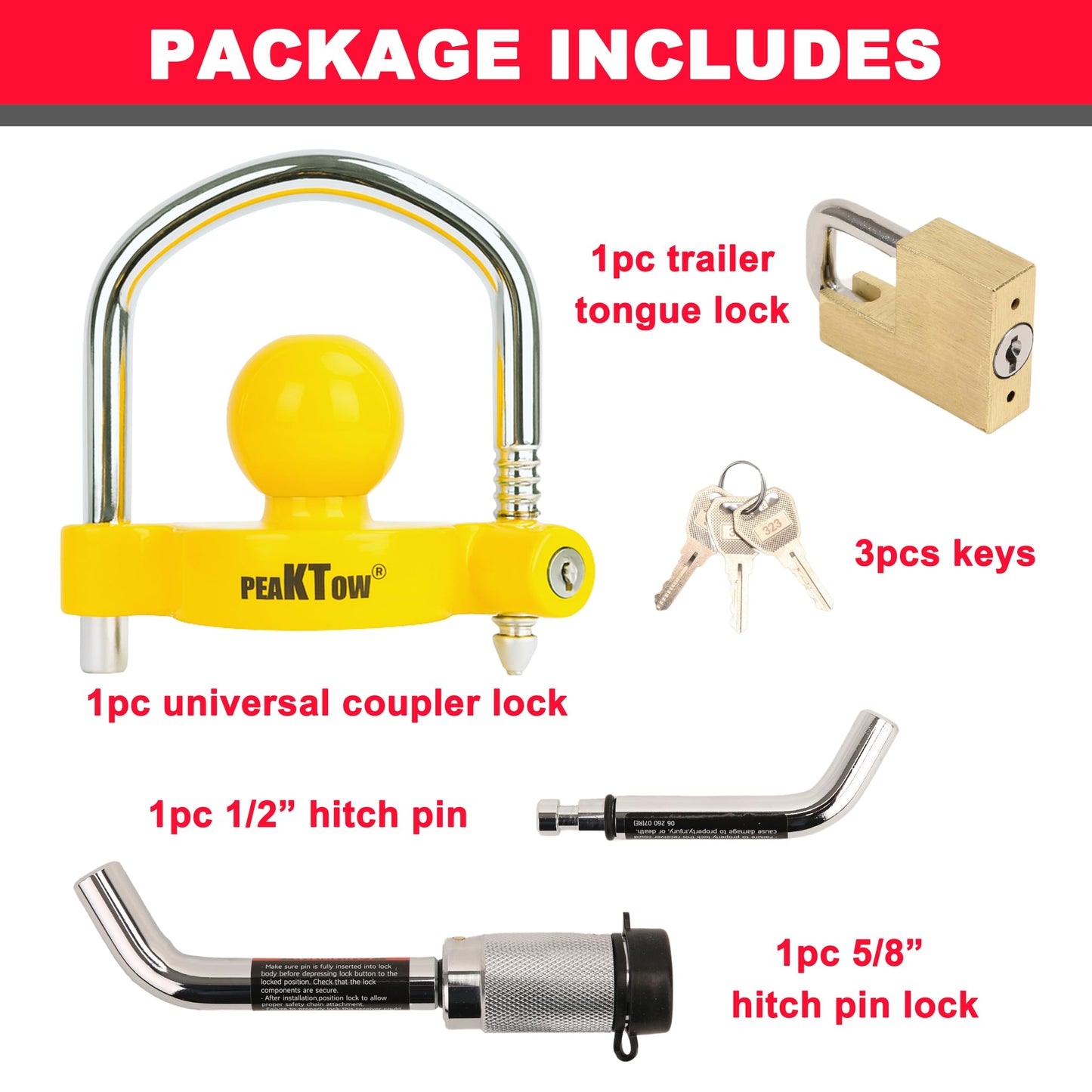PEAKTOW PTS0003 Deluxe Keyed Alike Trailer Towing Lock Set Includes One Coupler Lock One Dual Bent Pins Trailer Receiver Lock and One Brass Coupler Latch Lock