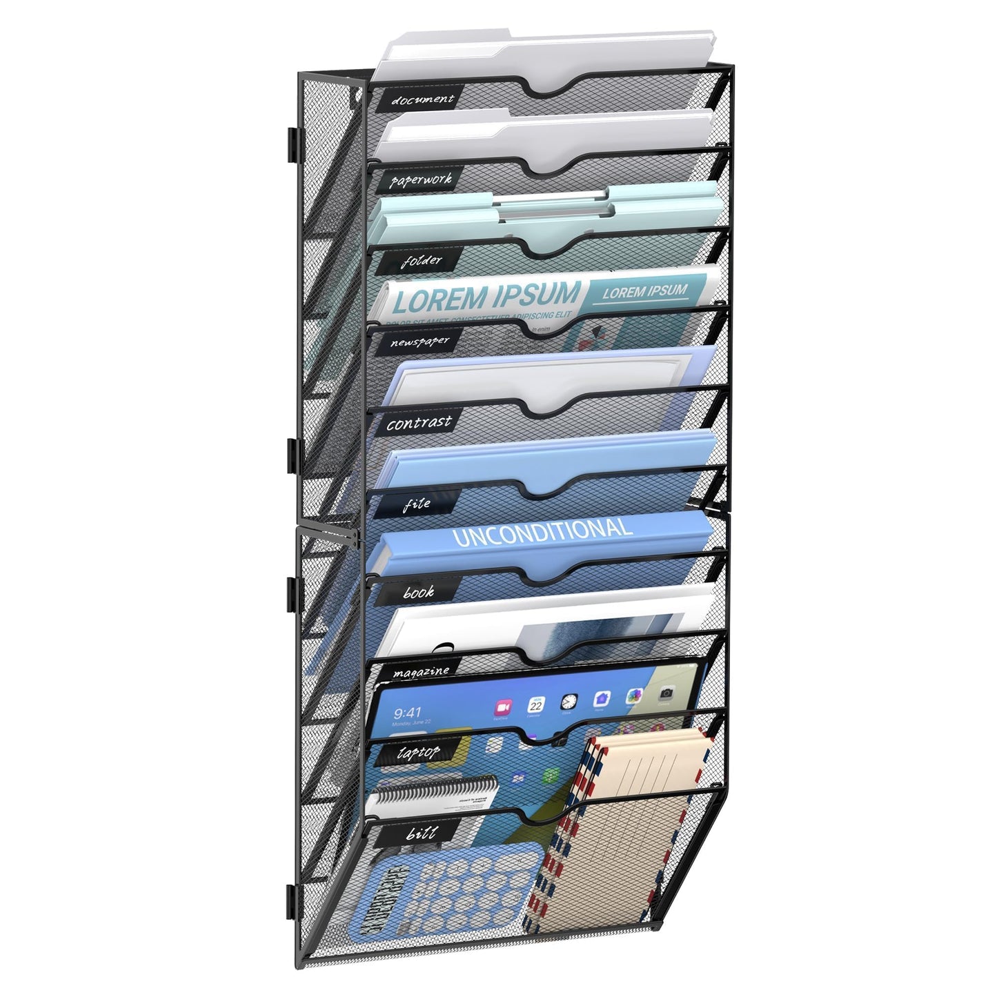 JMHUD Wall File Organizer 10 Tier Hanging Wall File Holder, Mail Organizer Wall Mounted for File Folder Paper Clipboard，Wall Organizer for Office and Home, Black