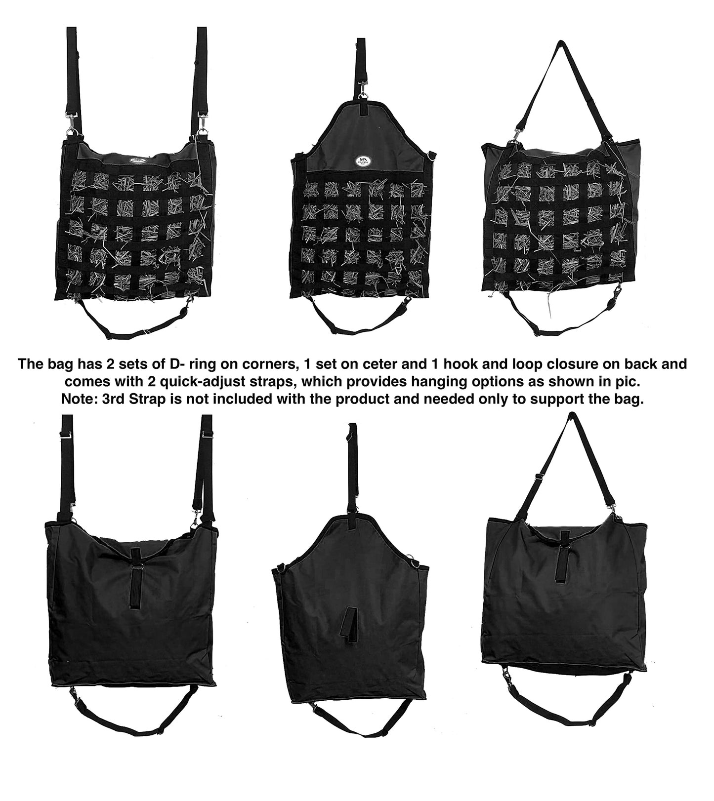 Majestic Ally Slow Feed Hay Bag for Horses, Adjustable Travel Feeder for Trailer, Stall, and Portable Wear, Feeding Sack with Strap Support, Simulates Grazing, Reduces Waste (Black)