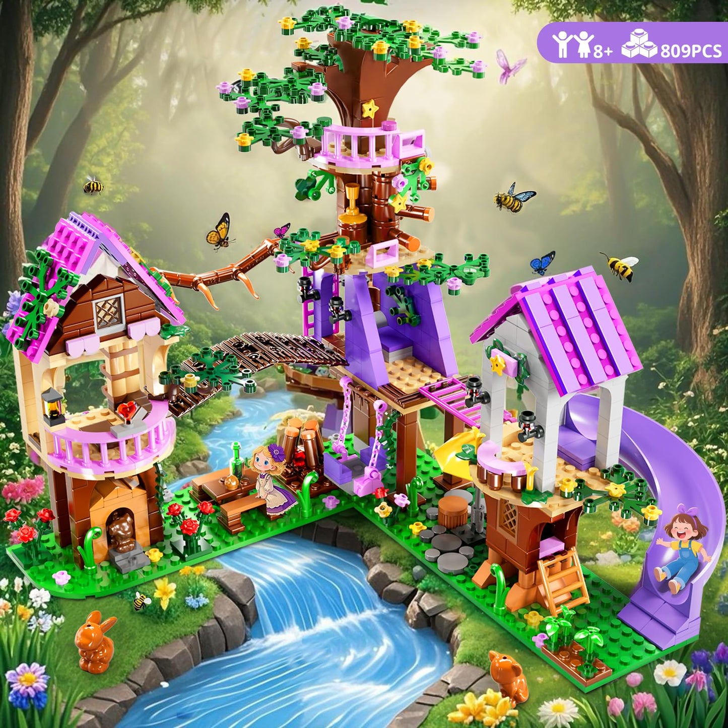 2025 Upgraded Treehouse Building Blocks Toy for Girls, 809PCS Forest Girl Tree House Building Set, Adventure Camp Set with Animals and Pool, Xmas Birthday Gifts for Kids Girls Age 7 8 9 10 11 12 13 14