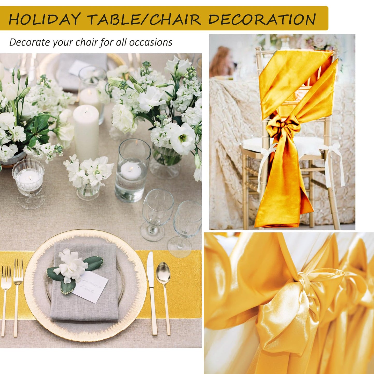 60PCS Satin Chair Sashes Bows, 7x108 inch Universal Ribbon Ties Chair Sashes Wedding Chair Covers for Wedding Reception Banquet,Restaurant Event, Birthday Party,Hotel Event Decorations (Antique Gold)