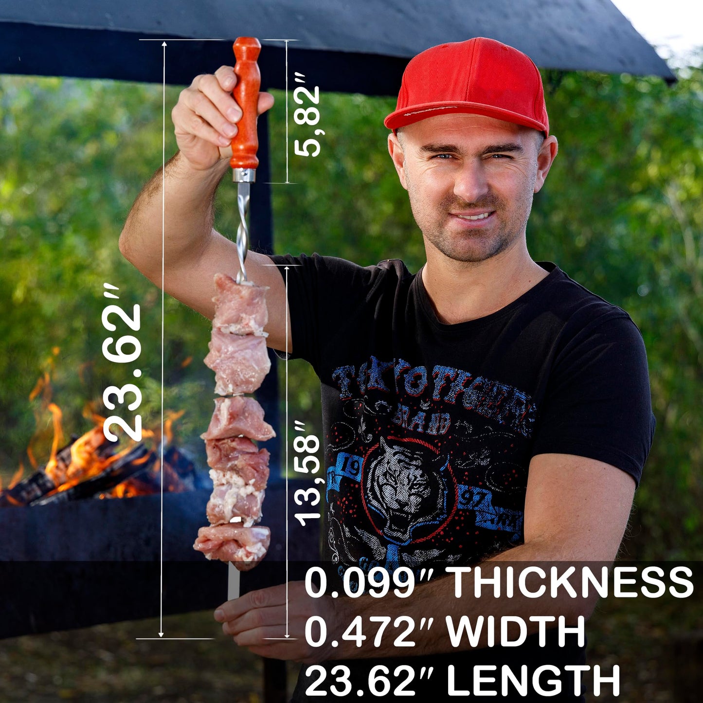 Premium BBQ Skewers with Wooden Handles 23.6" Shish Kabob Skewers Stainless Steel Long & Reusable Kabob Sticks Barbecue Skewers for Grilling Set of 10 Piece