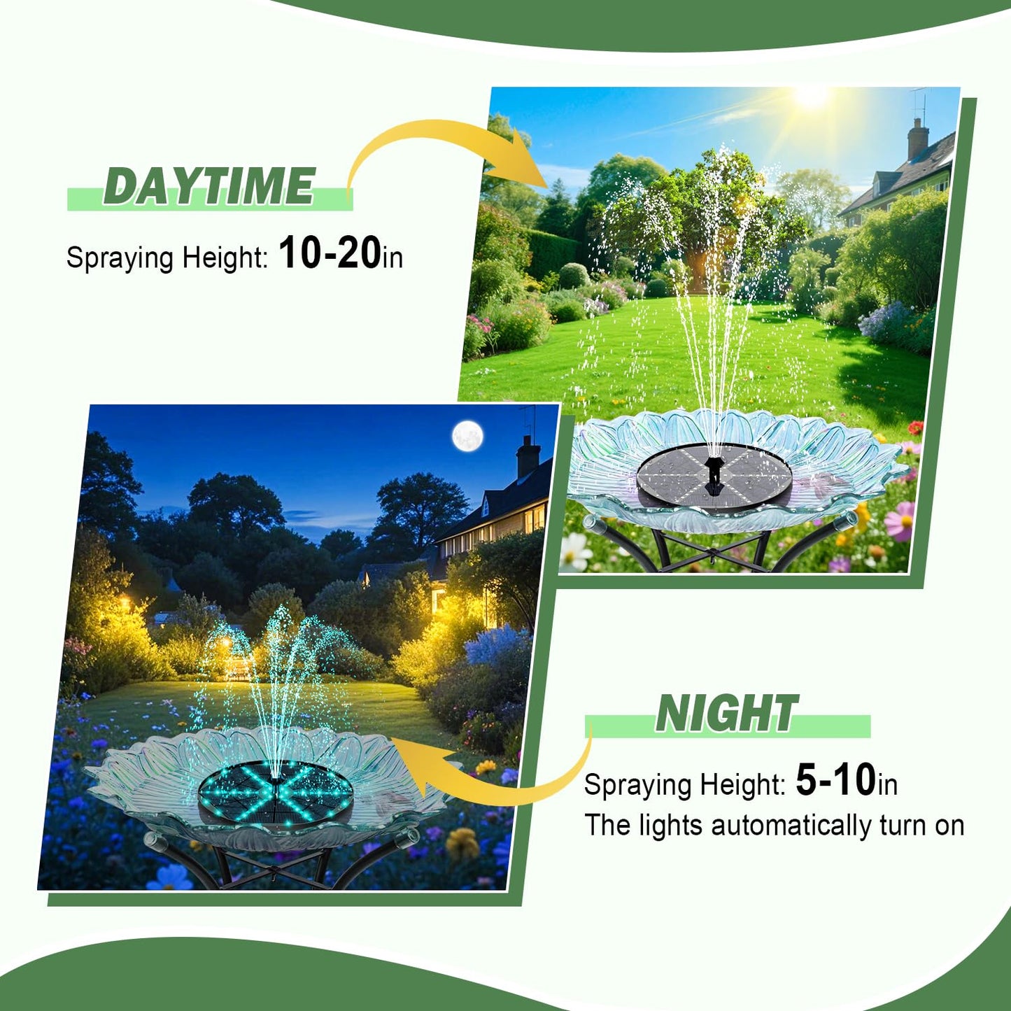 Yzert Upgraded Solar Fountain Bird Bath with 60 LED Lights, Solar Powered Water Fountain Pump with Battery Backup 7 Nozzles 4 Fixers, Outdoor Fountain for Garden Patio Pond Birdbath Pool