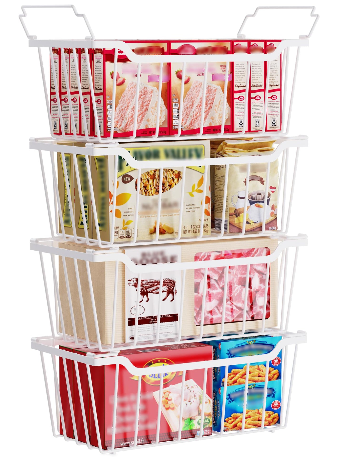 SUNALLY Freezer Organizer Bins, 4 Pack Chest Freezer Organizer Stackable for 5-7 Cu.FT Deep Freezer Sort Frozen Meats and Food, Freezer Storage Baskets with Handles Easy Reach from Bottom, White