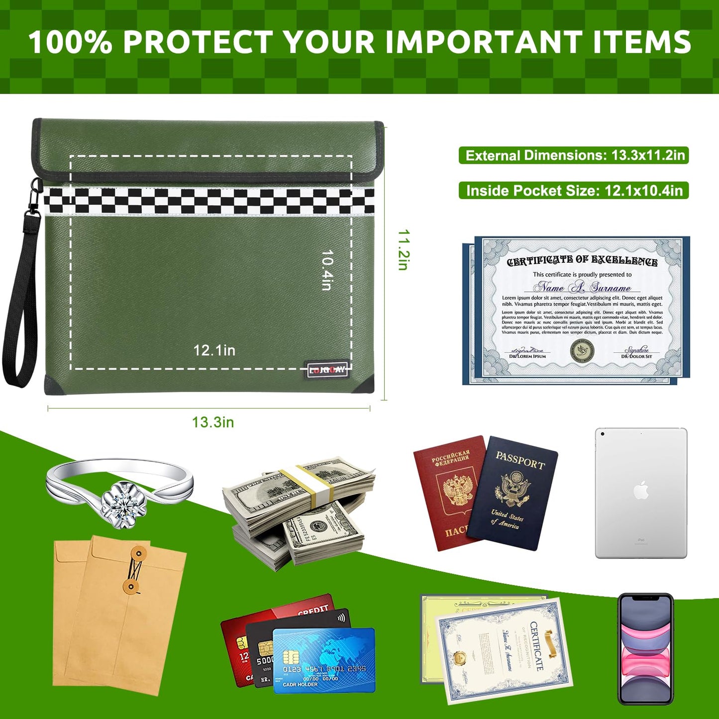 Upgraded 6200°F Fireproof Document Bag with Fireproof Zipper, Fireproof Bag with Reflective Strip/Hand Strap, 9 Layers of Heat Insulated Materials, Fireproof Money Bag for Cash,13x11"Fireproof Pouch