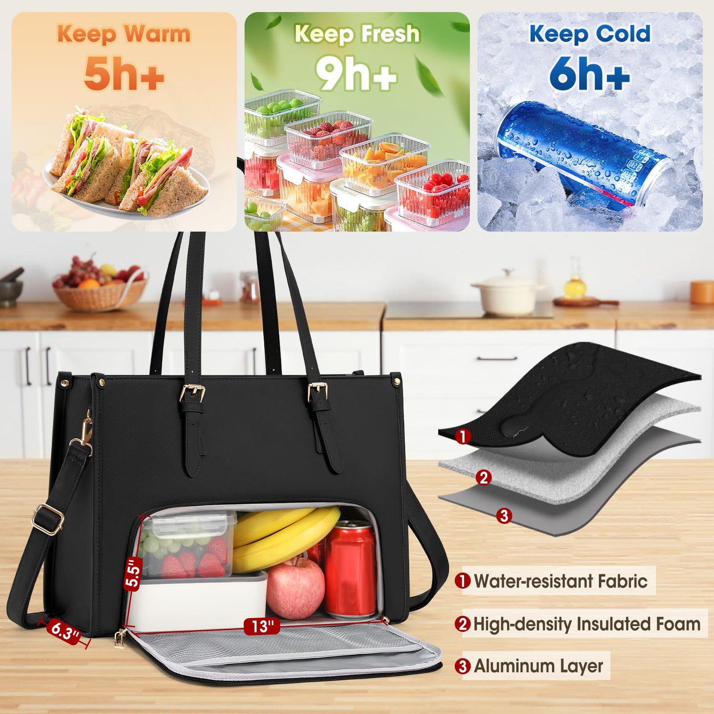 RAINSMORE Laptop Bags for Women Insulated Lunch Compartment Tote Bags for Women 15.6 Inch Work Bag Women Waterproof PU Leather Work Tote Bags for Women Business Daily Camping Laptop Tote Bag Black