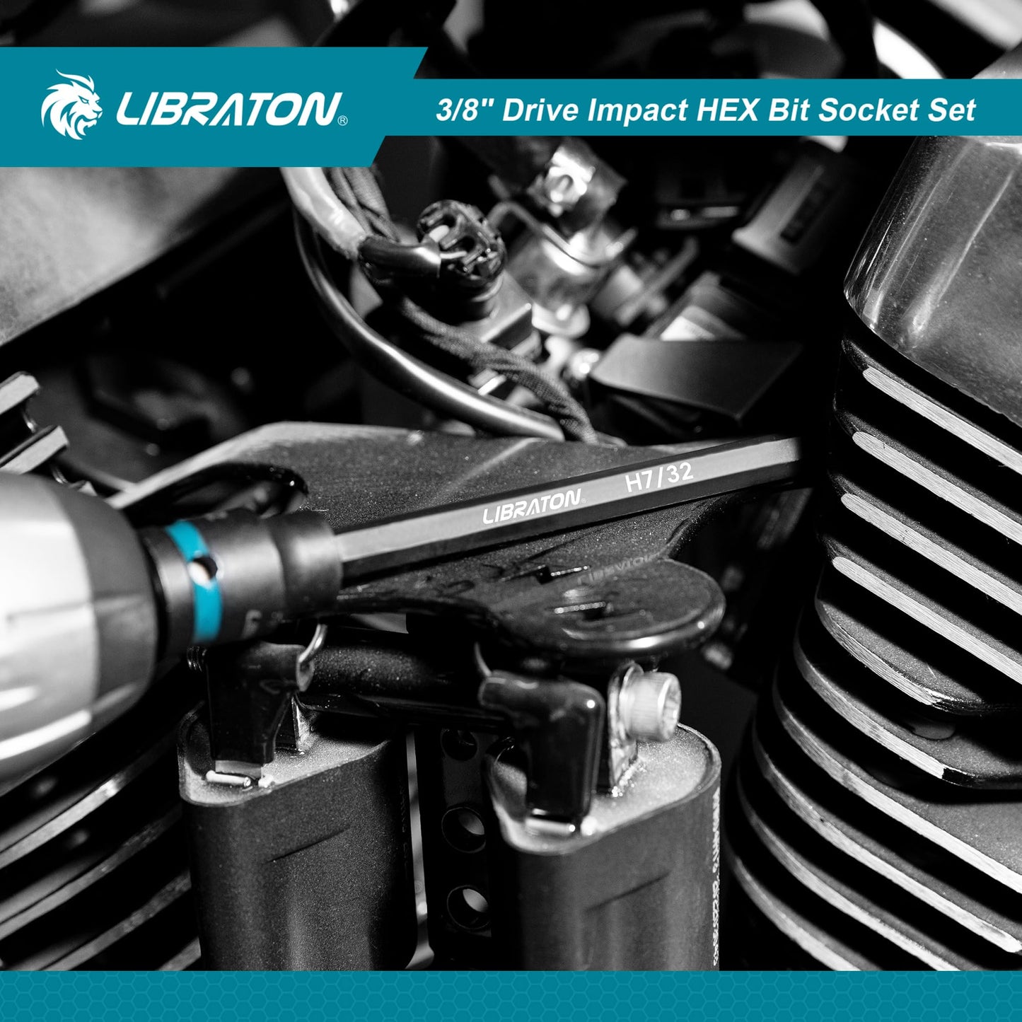 LIBRATON 3/8" Drive Long Impact Hex Bit Socket Set, Allen Bit Sockets, S2 Steel Hex Head Sockets, 20PCS Allen Wrench Socket, SAE&Metric Allen Bit Socket Set, 6" Long Allen Key Sockets, Blow Molded Box