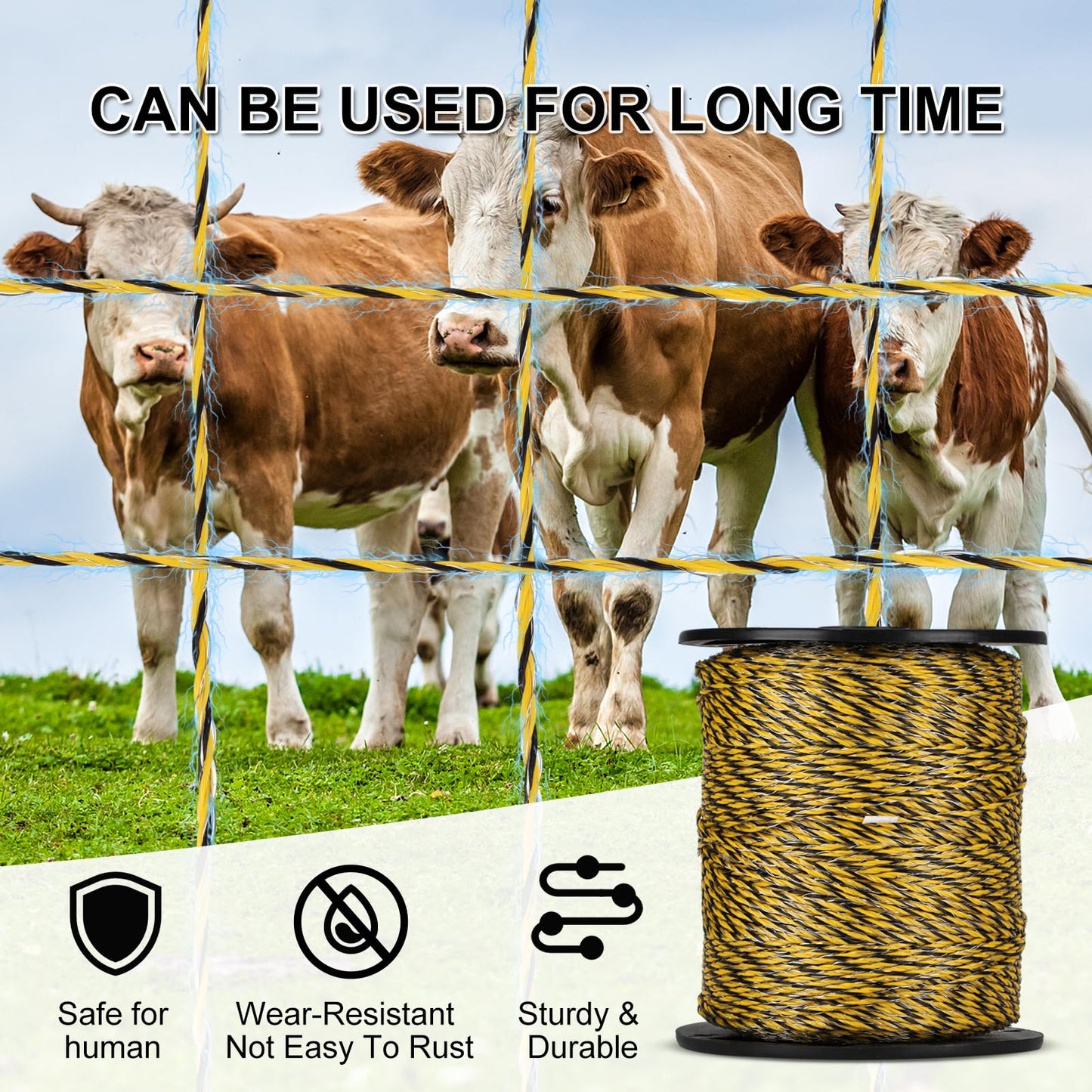 Electric Fence Polywire 1312 Feet 400 Meters, Upgraded 9 Stainless Steel Strands for Reliable Conductivity, Portable PVC-Coated Fiberglass Electric Fencing Rope, UV, Rust Resistant for Livestock