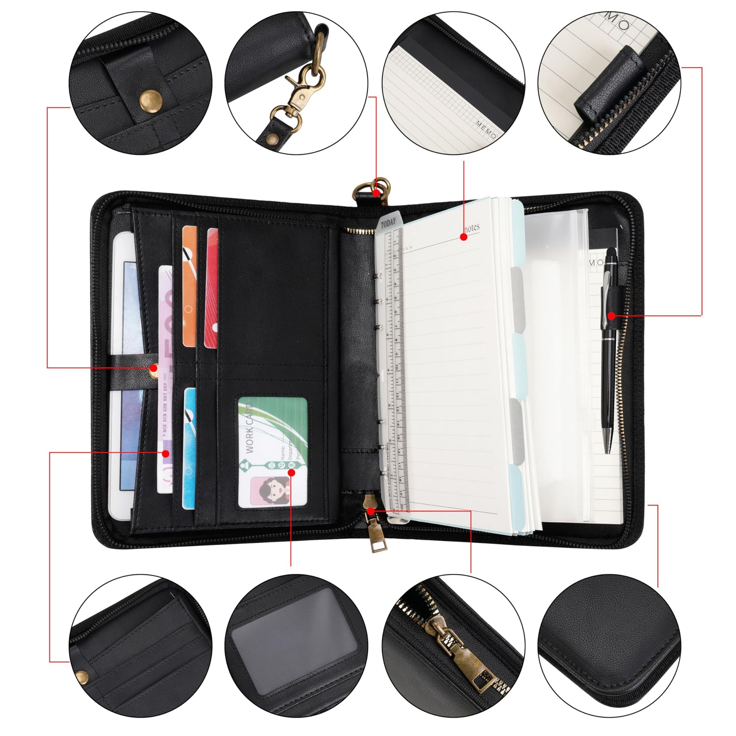 Wason Portfolio A5 Binder Journal with Zipper - Leather pu Writing Notebook Padfolio with Detachable Refillable Notebook, Legal Pad for Business Study and Travel Organizer (Black)