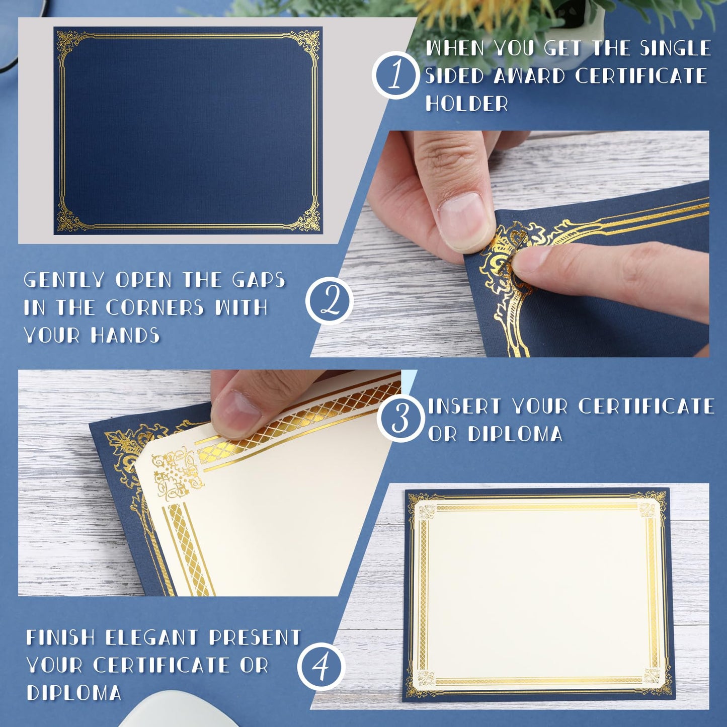 Kosiz 50 Pcs Navy Blue Linen Textured Single Sided Certificate Holders with Gold Foil Border Diploma Cover for 8.5 x 11'' Letter Sized Award Cardstock Graduation Diploma Holder for Competition Supply