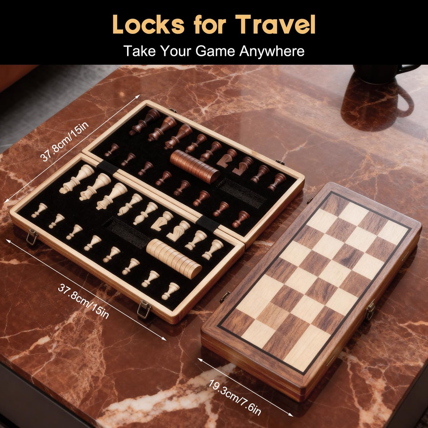 Wooden Magnetic Chess Board Set, 15 inch 2 in 1 Portable Folding Checkers Chess Set with 2 Extra Queen and Carry Bag Handmade Large Chess Game