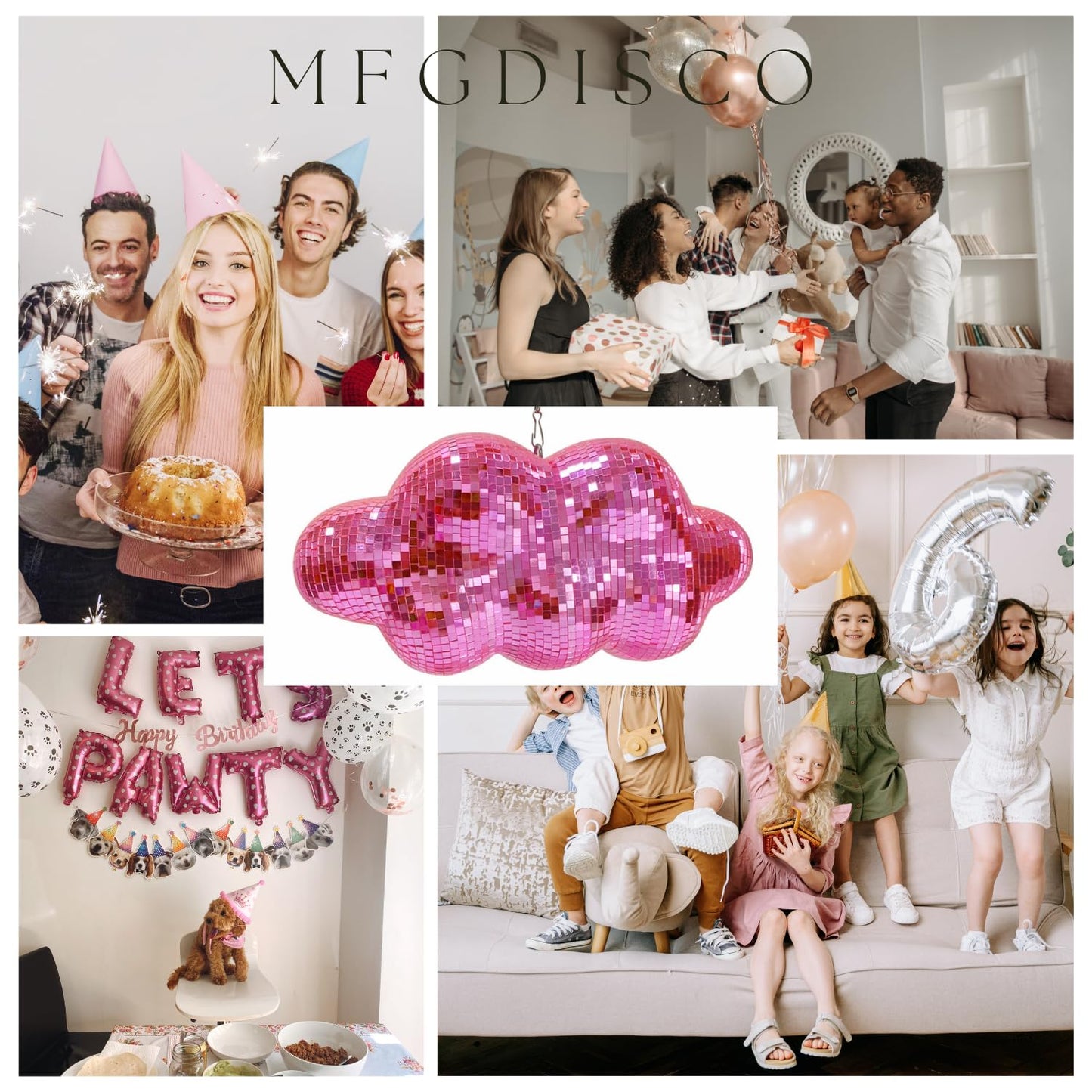 MFGDISCO Pink Disco Ball Cloud Shaped, Hanging Disco Decor for Party,Room,Home, Retro Reflective Mirror Ball with Chain, Disco Ornaments, Design Patent