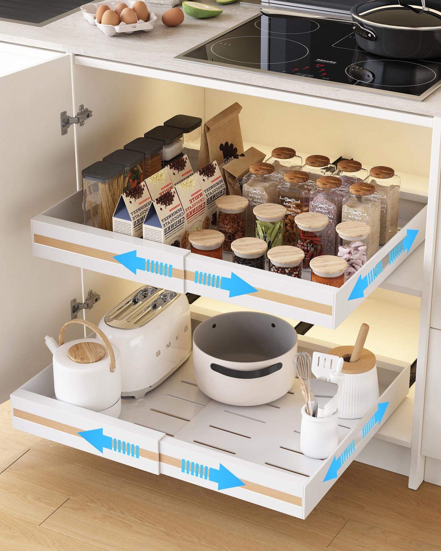 UMDONX 2 Pack Expandable Pull out Cabinet Storage Organizer Kitchen Cupboard Drawers, No Drill Adhesive Pantry Shelf Peel and Stick Sliding Rack(Durable Metal White Load 65LBS)