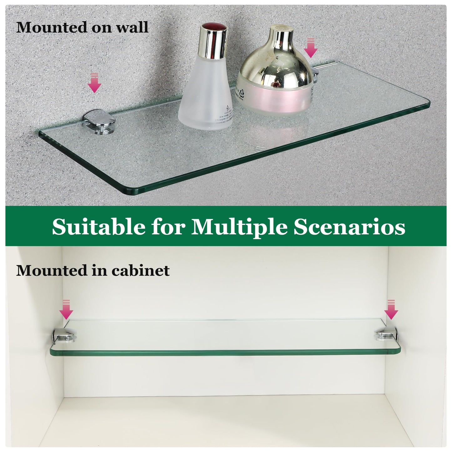 Sayayo Bathroom Shelves Glass Shelf 15 Inch, Floating Shelves Wall Mounted Rectangular Tempered Glass Wall Shelves, Polished, 2 Pack, CGBL1012R-C-2P