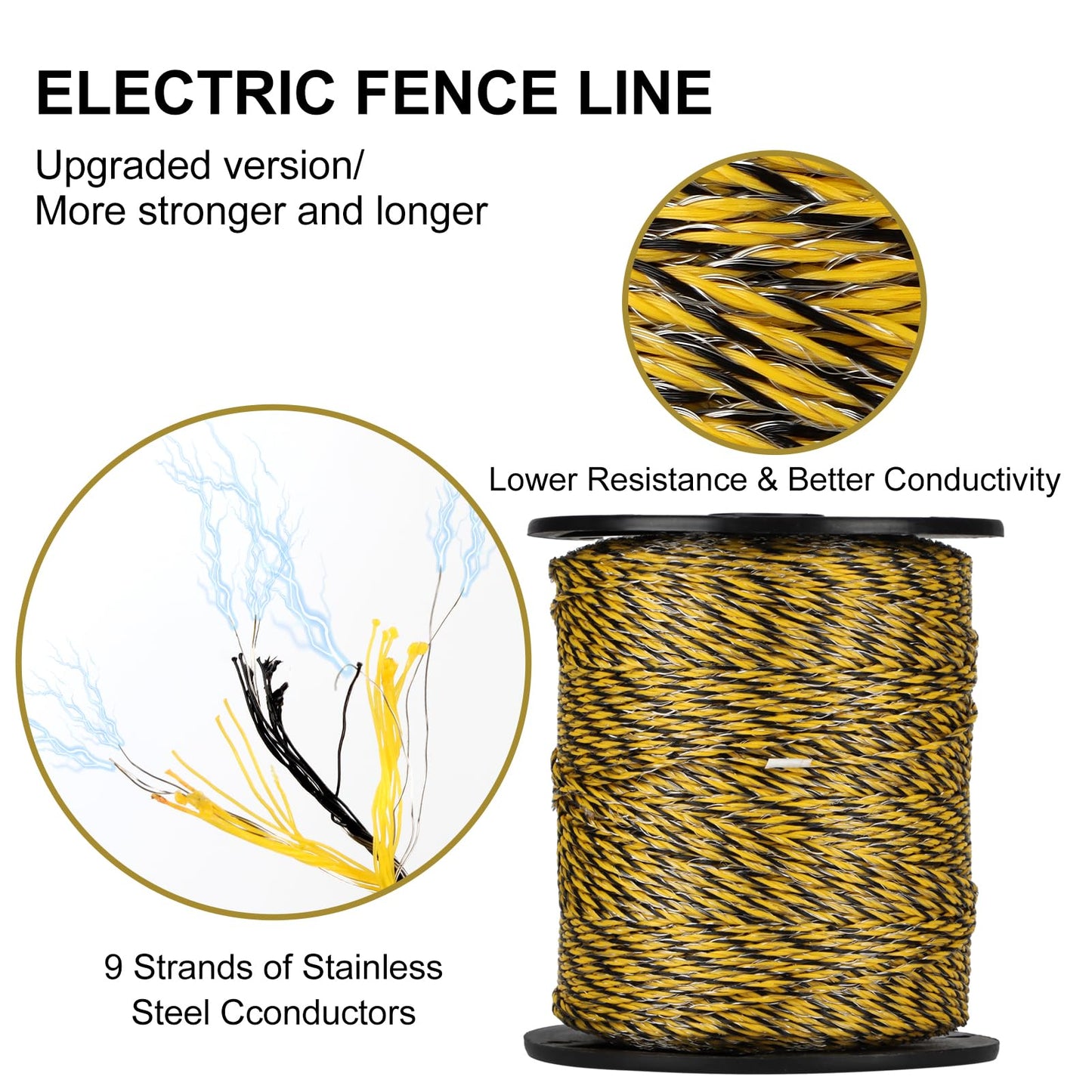 Electric Fence Polywire 1312 Feet 400 Meters, Upgraded 9 Stainless Steel Strands for Reliable Conductivity, Portable PVC-Coated Fiberglass Electric Fencing Rope, UV, Rust Resistant for Livestock