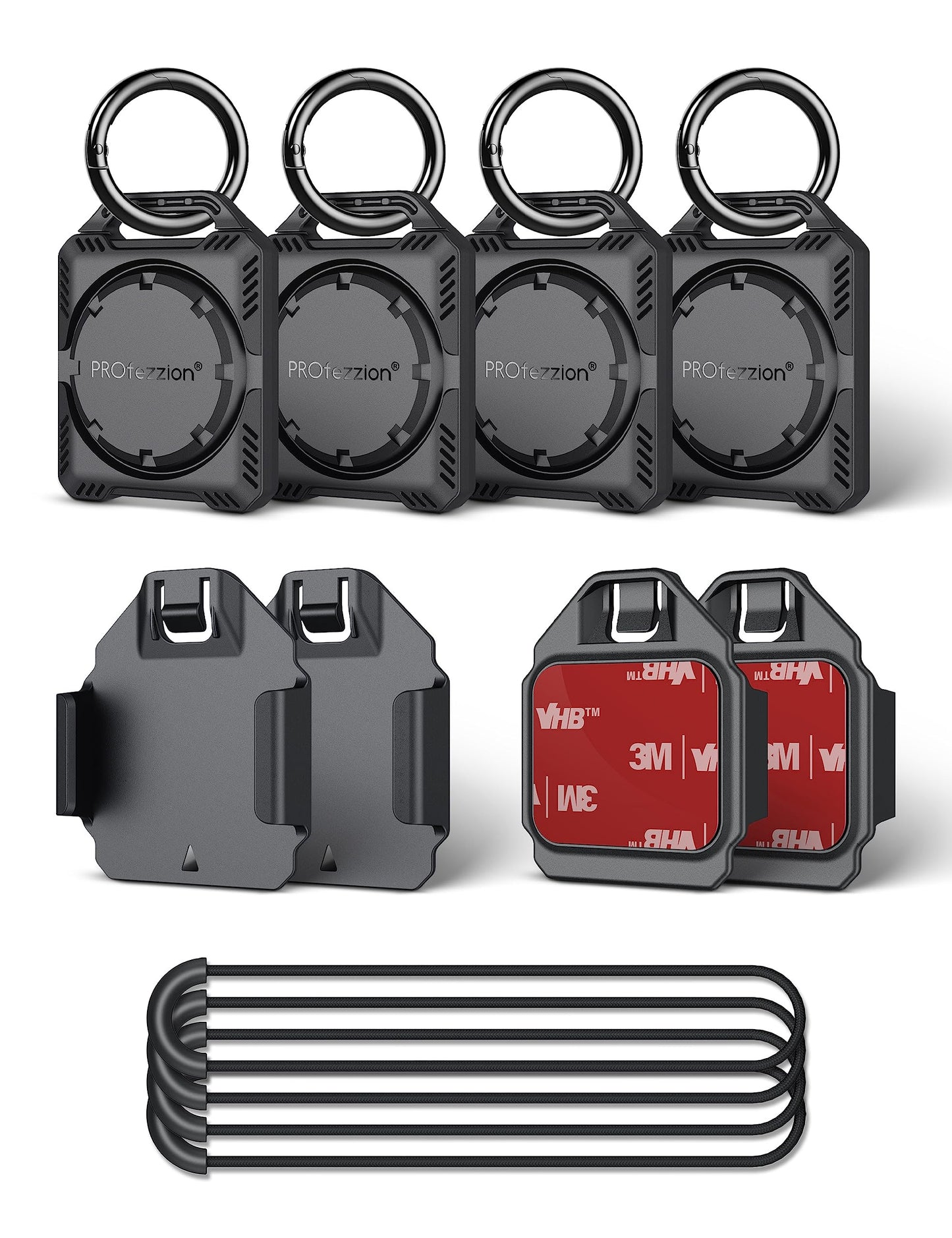 PROfezzion 4-Pack Secure Air Tag 2nd & 1st Gen Holder Case with Key Ring, 3M Adhesive Mount & Loop Strap for Keychain, Dog Collar, Backpack, Luggage Bag & More, IPX8 Waterproof, Full Cover & Discreet