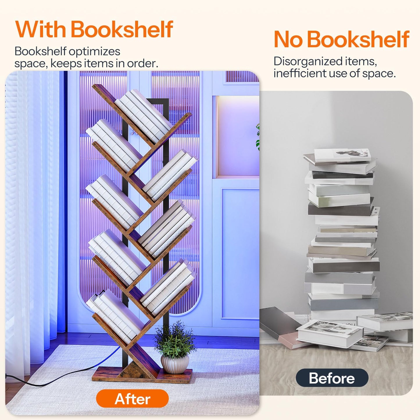 HOOBRO Tree Bookshelf, 9-Tier Bookcase with LED Lights, Space-Saving Book Shelf, Holds Books, CDs, Floor Standing Bookcase for Office, Living Room, Bedroom, Rustic Brown and Black BF08DSJ01