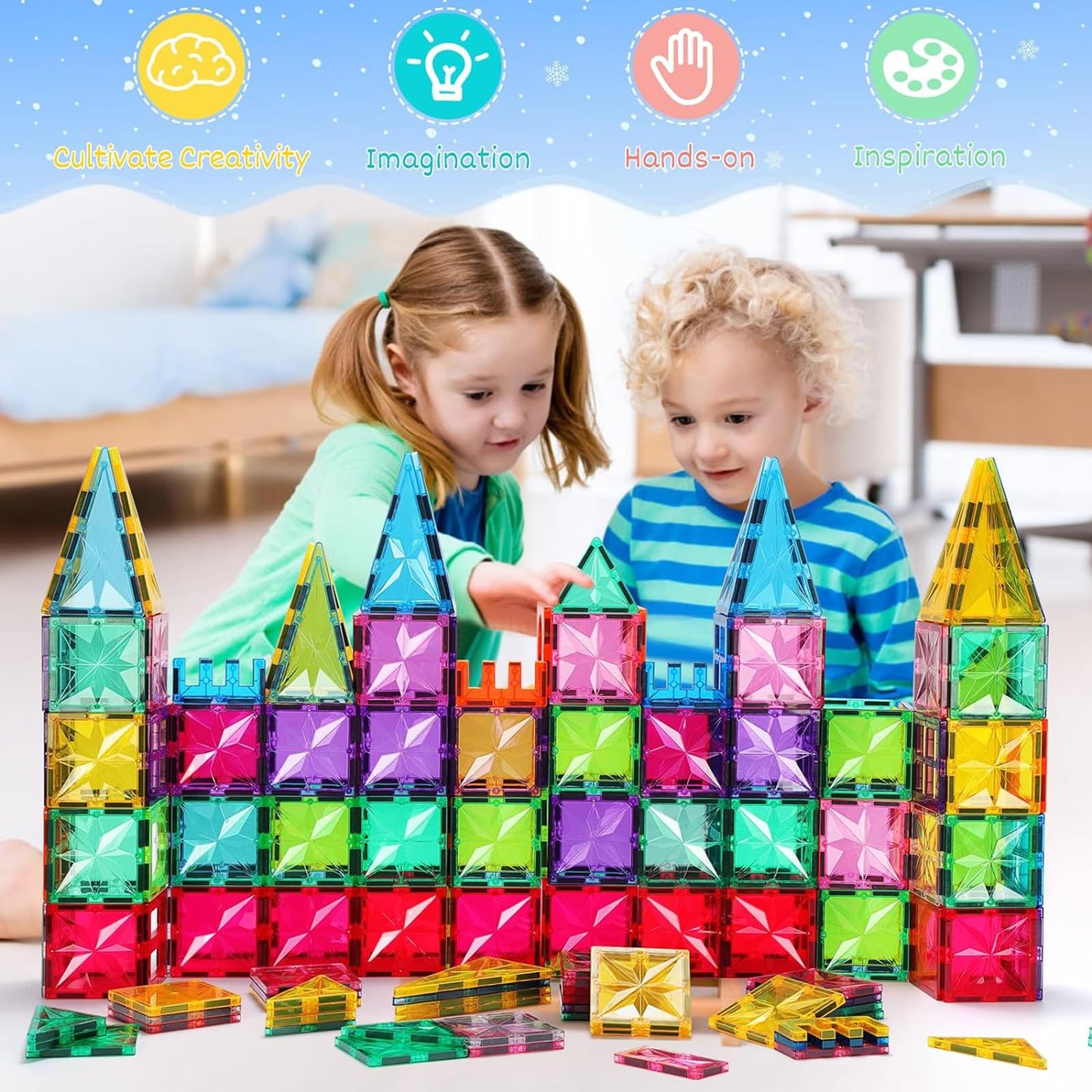 Palano Magnetic Tiles,100PCS Star Magnetic Building Blocks Toy for Ages 3+,Magnetic Tiles for Toddlers Gifts,Montessori Toys,STEM Toys Christmas Toy Gift for Kids Boys and Girls