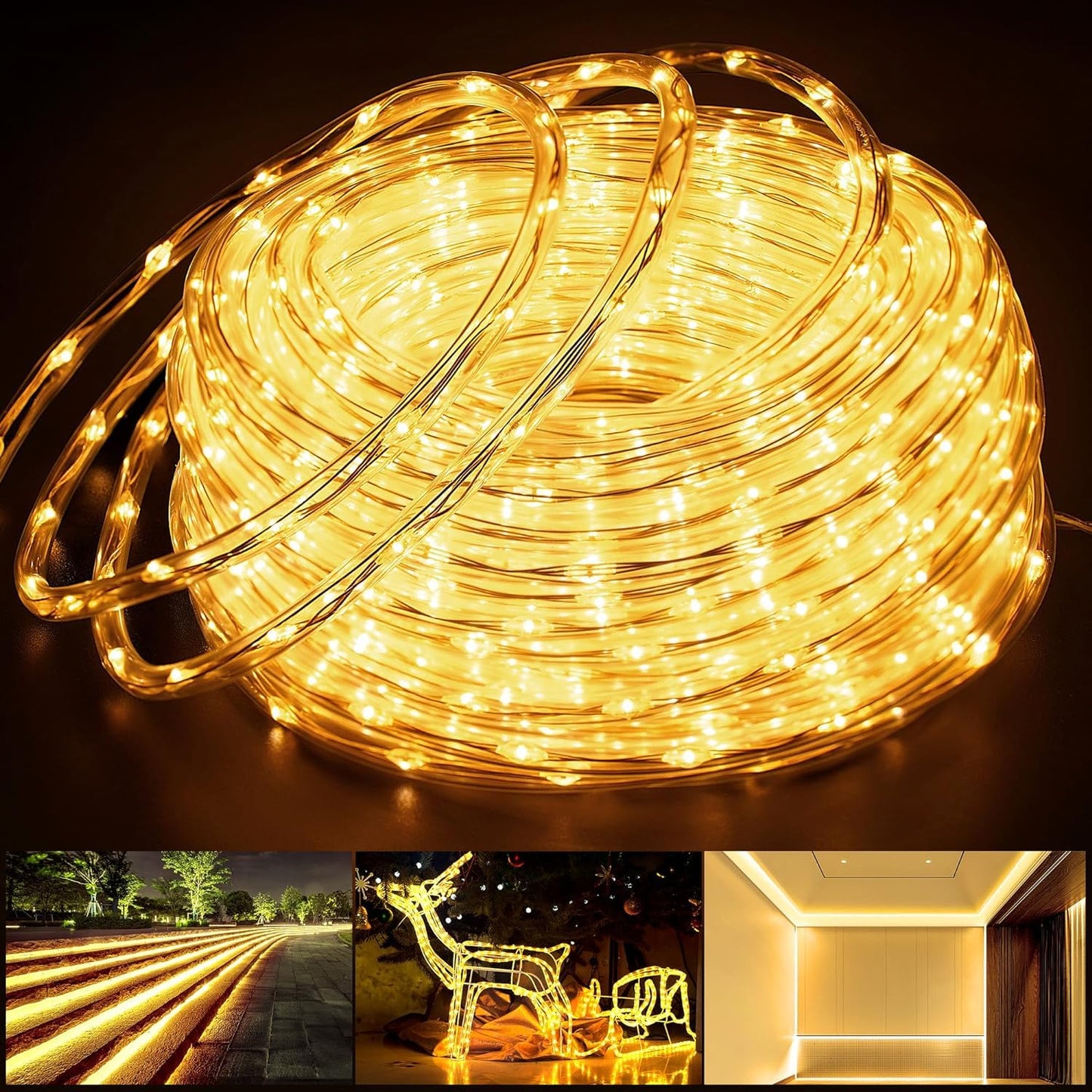 50ft 600 LED Rope Lights Outdoor, 0.21 Inch Diameter, Connectable Warm White Strip Lights Plug in, String Lights Waterproof Decorative Rope Lighting for Deck Patio Backyard Garden Camping Room Indoor