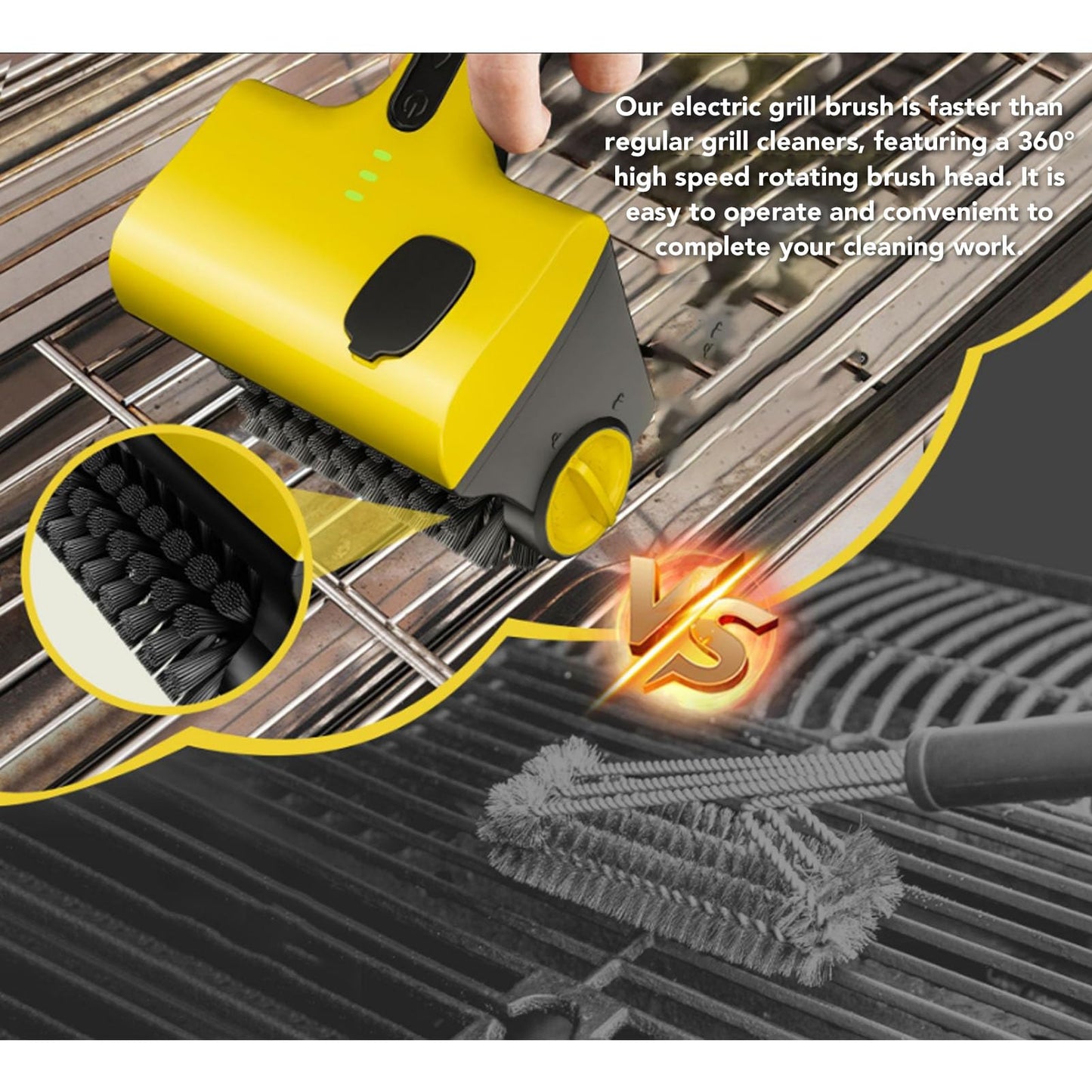 2 in 1 Cordless Rechargeable Electric Grill Brush, 360° Rotating Heads Adjustable Speed Barbecue Cleaner