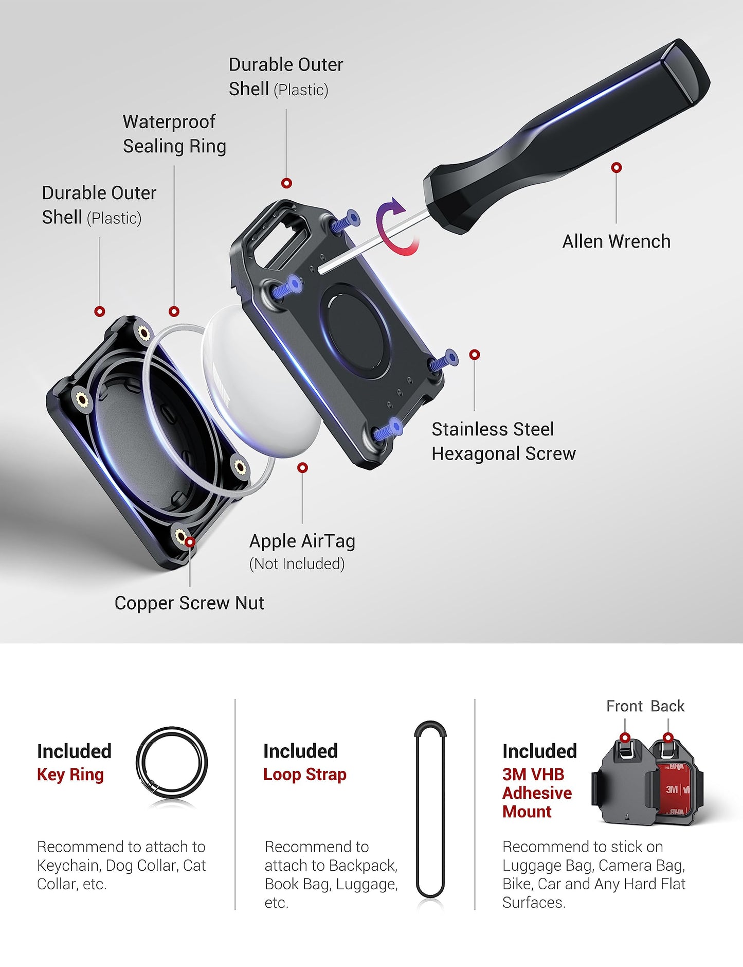 PROfezzion 4-Pack Secure Air Tag 2nd & 1st Gen Holder Case with Key Ring, 3M Adhesive Mount & Loop Strap for Keychain, Dog Collar, Backpack, Luggage Bag & More, IPX8 Waterproof, Full Cover & Discreet