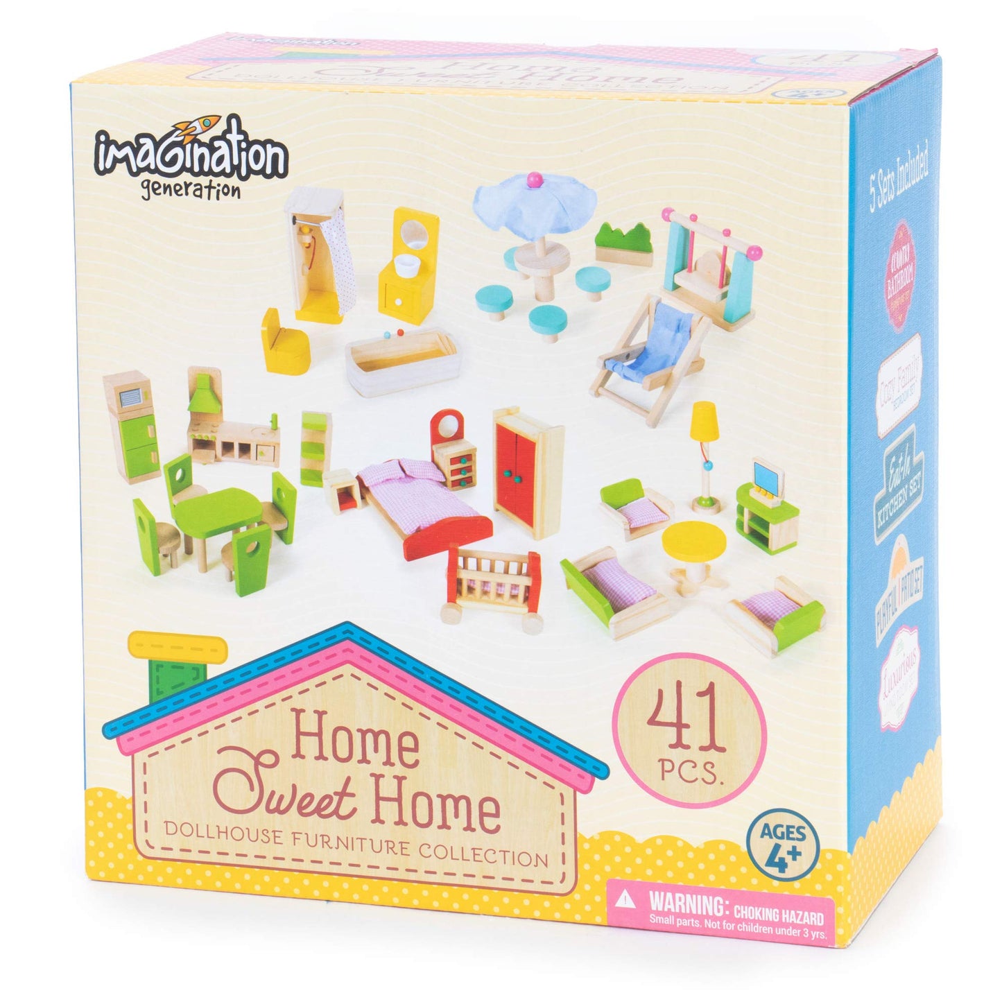 The Fully Furnished Bundle: 5 Sets of Colorful Wooden Dollhouse Furniture (41 Pieces) by Imagination Generation