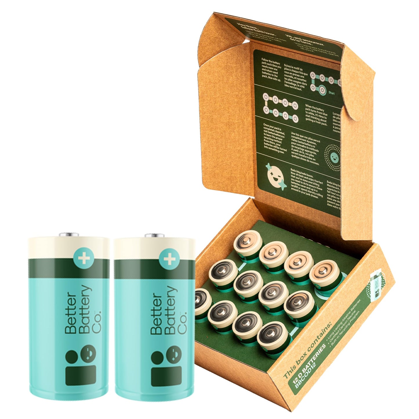 Better Battery Alkaline D Batteries - Long Lasting Performance Carbon Neutral Batteries with Storage Box and Recycling Program – 12 Pack
