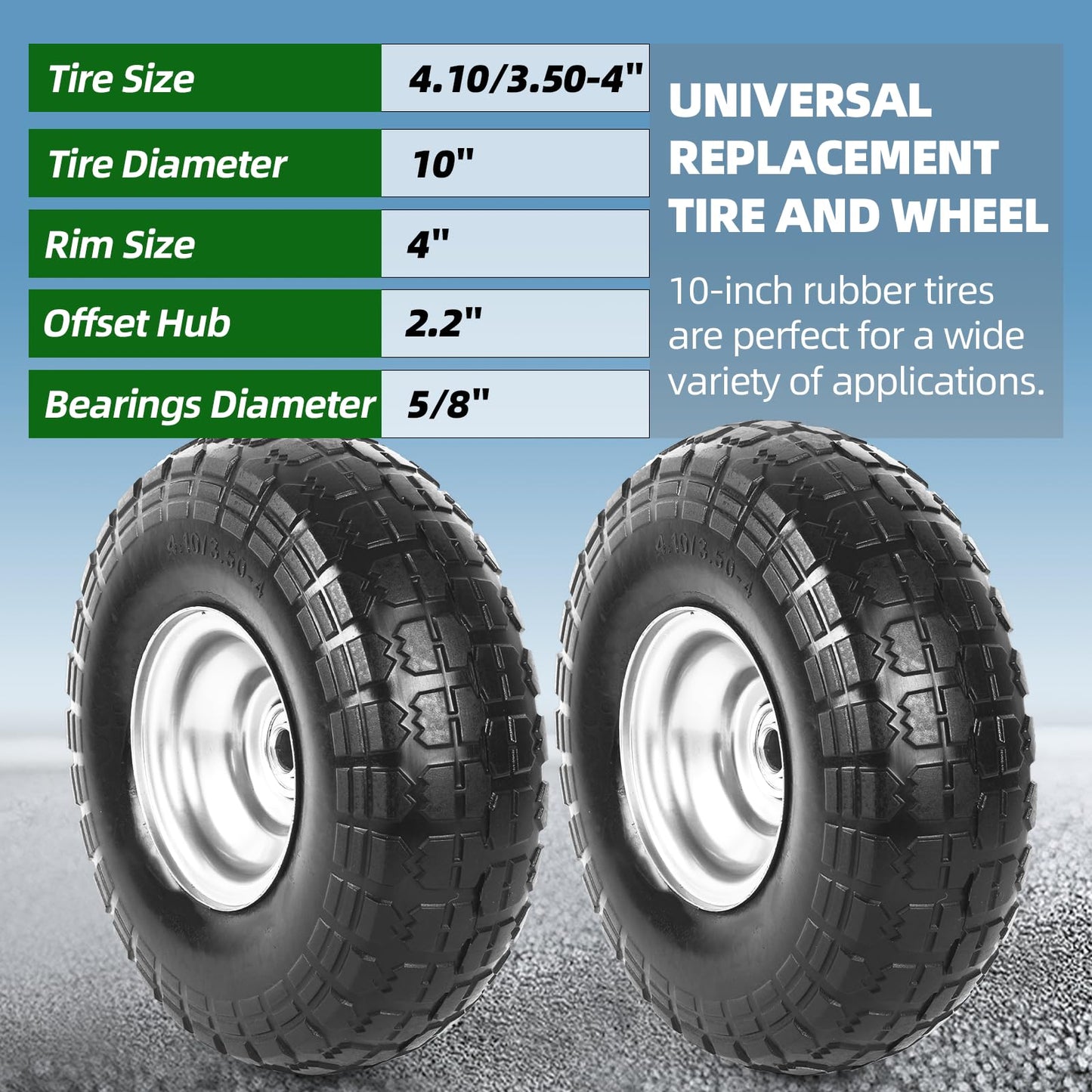 AR-PRO (2-Pack) 4.10/3.50-4" Tire and Wheel Flat Free - 10" Solid Rubber Tires Wheel with 5/8" Bearings and 2.2" Offset Hub - Perfect for Wheelbarrow, Hand Truck, Garden Carts, Yard Wagon Dump Cart
