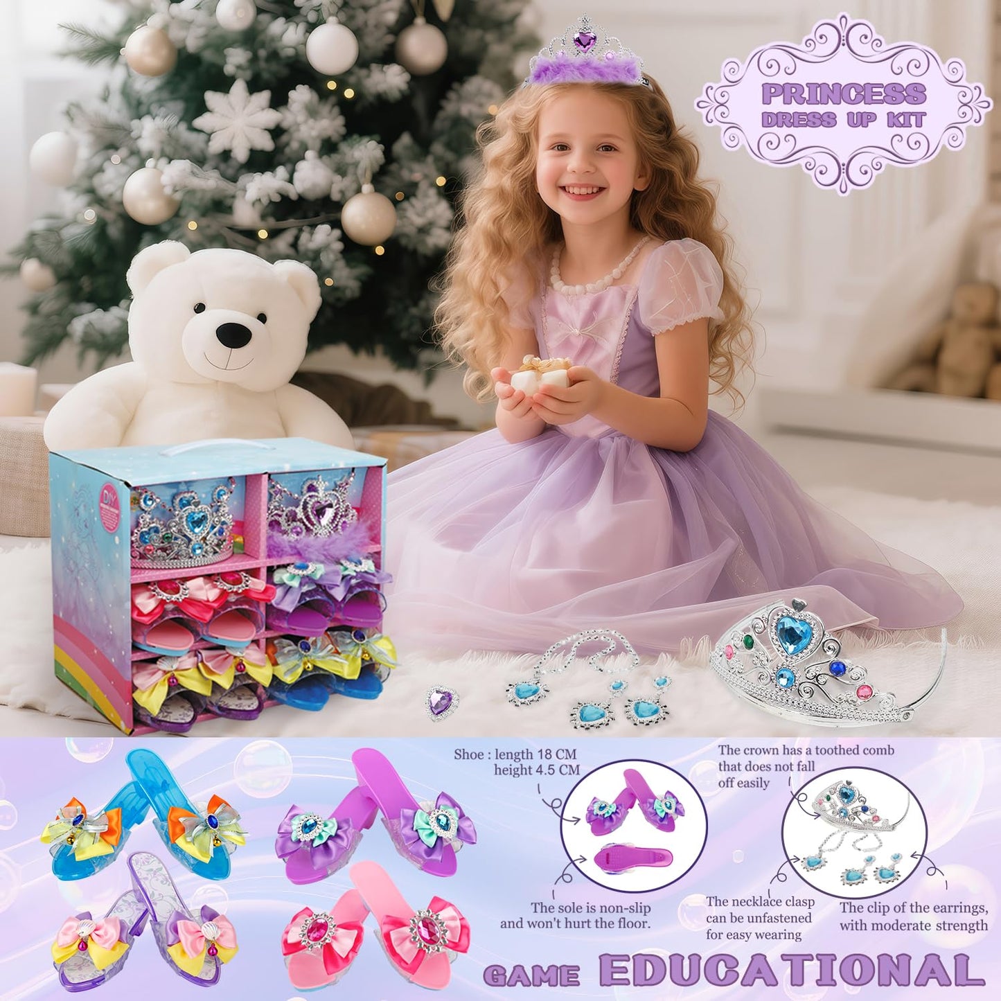 Hechify Princess Dress Up for Girls Ages 3-6, with Crystal Shoes, Crowns, Necklaces, Earrings, Rings, Bracelet and Handbag, Multicolour, Princess Toys for Kids Birthday Gift