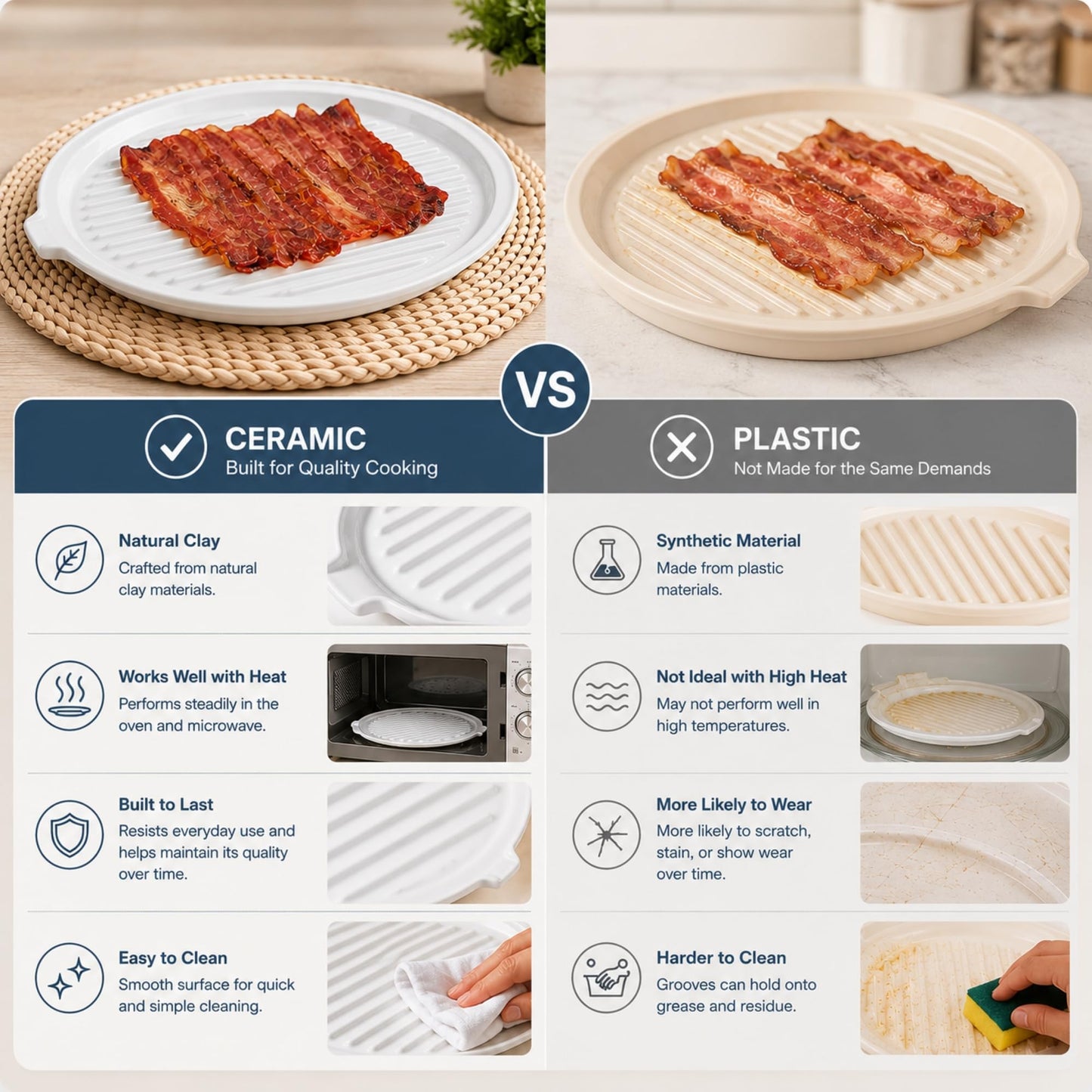 ONEMORE Microwave Bacon Tray with Lid Ceramic Bacon Cooker Meat Rack for Oven Cooking Crispy Bacon Maker with Cover - 10.5 inch Round Bacon Dish Plate, White