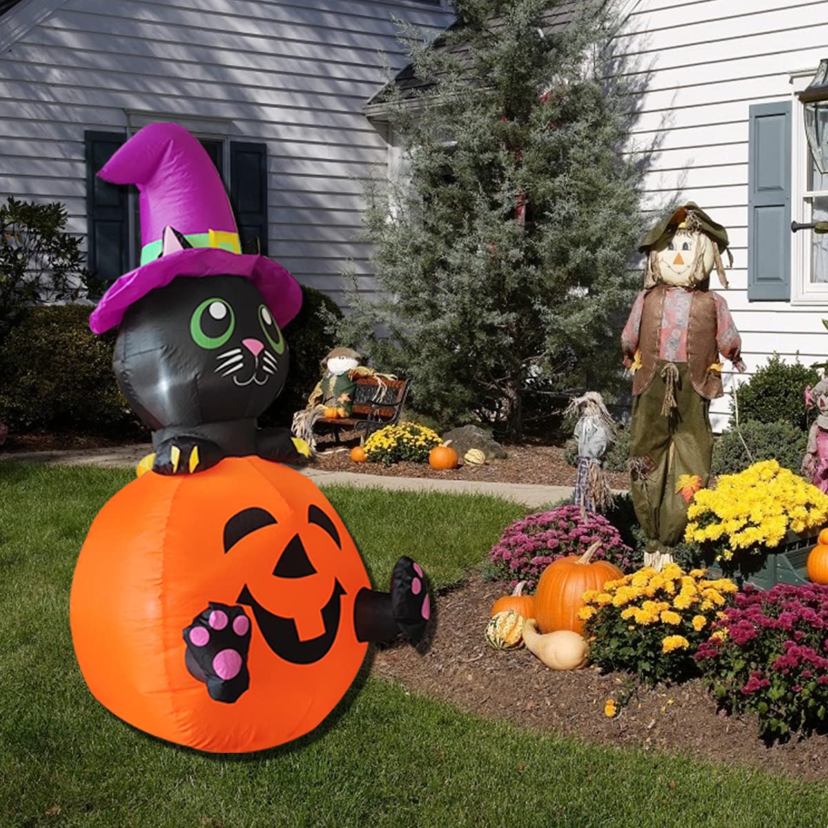 Poptrend 4 FT Inflatable Halloween Black Cat & Pumpkin Outdoor Blow Up Yard Decorations with Internal LED Lights