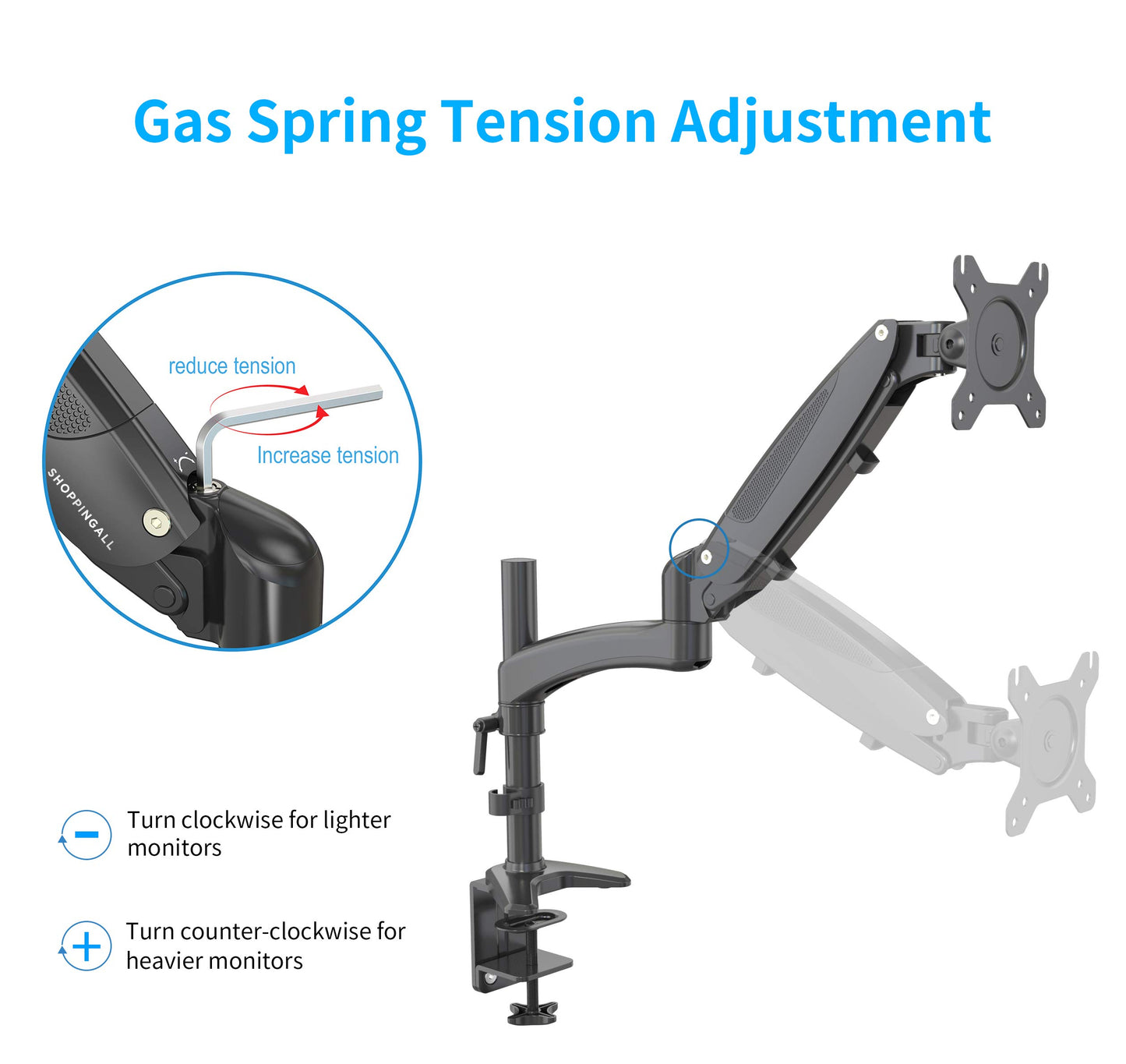 SHOPPINGALL Fully Adjustable Single Gas Spring LCD Monitor Arm Desk Mount Stand with Swing Arm for 15"-32" Monitor, Both Desk Clamp and Grommet Mounting Options in The Box - SA-GM112D-Black