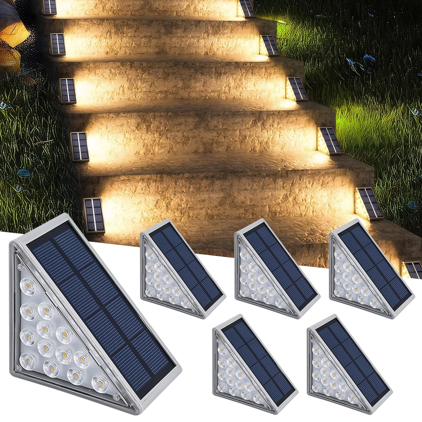 Fohil 6 Pack Solar Stair Lights, Solar Step Lights Outdoor Decor Waterproof LED Solar Deck Lights for Yard, Patio, Garden, Walkways, Front Door, Pathway, Driveway, Porch, Warm White
