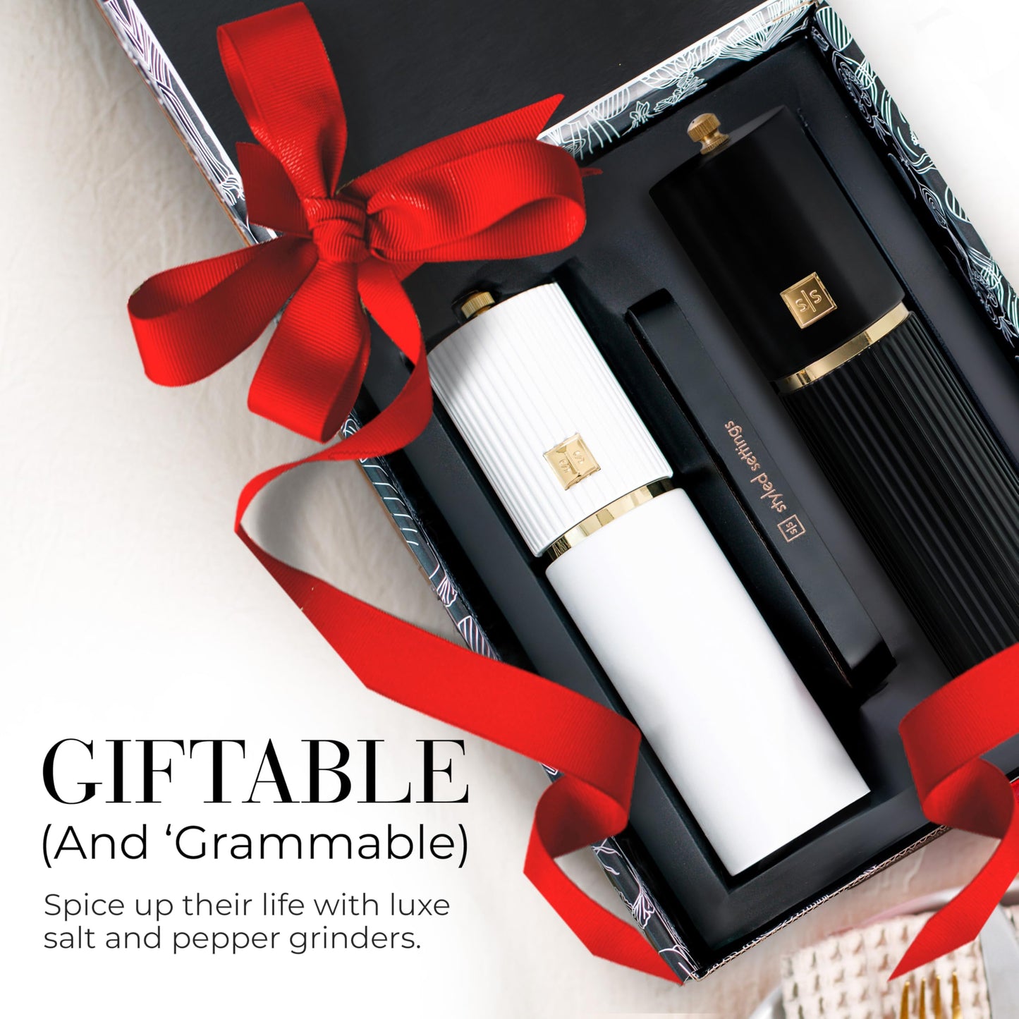 Styled Settings White and Black Salt and Pepper Grinder Set with Gold Accents – Set of Two Refillable Wooden Manual Grinders with Adjustable Ceramic Mills & Matching Wooden Stand - Ideal for Gifting
