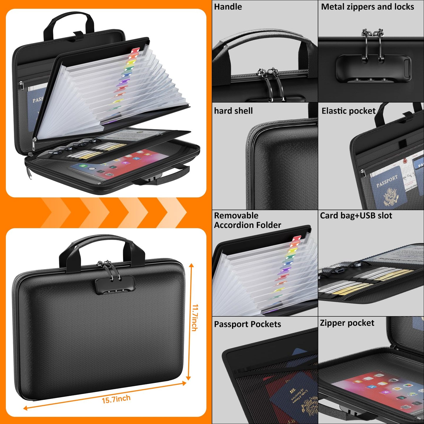 Fireproof File Organizer with Lock, Hard-Shell Case Fireproof Document Box with 13 Pockets Accordion File Folder, Important Document Organizer for Letter A4 Files Laptop Passports (Black)