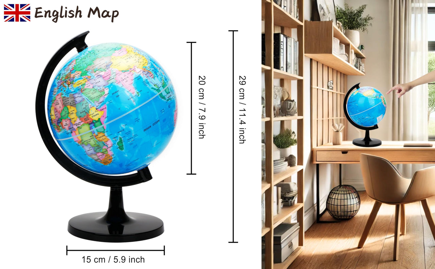 EXERZ 8" (20cm) World Globe Political Map - English Map - Educational Geographic School Globe - 20cm Diameter