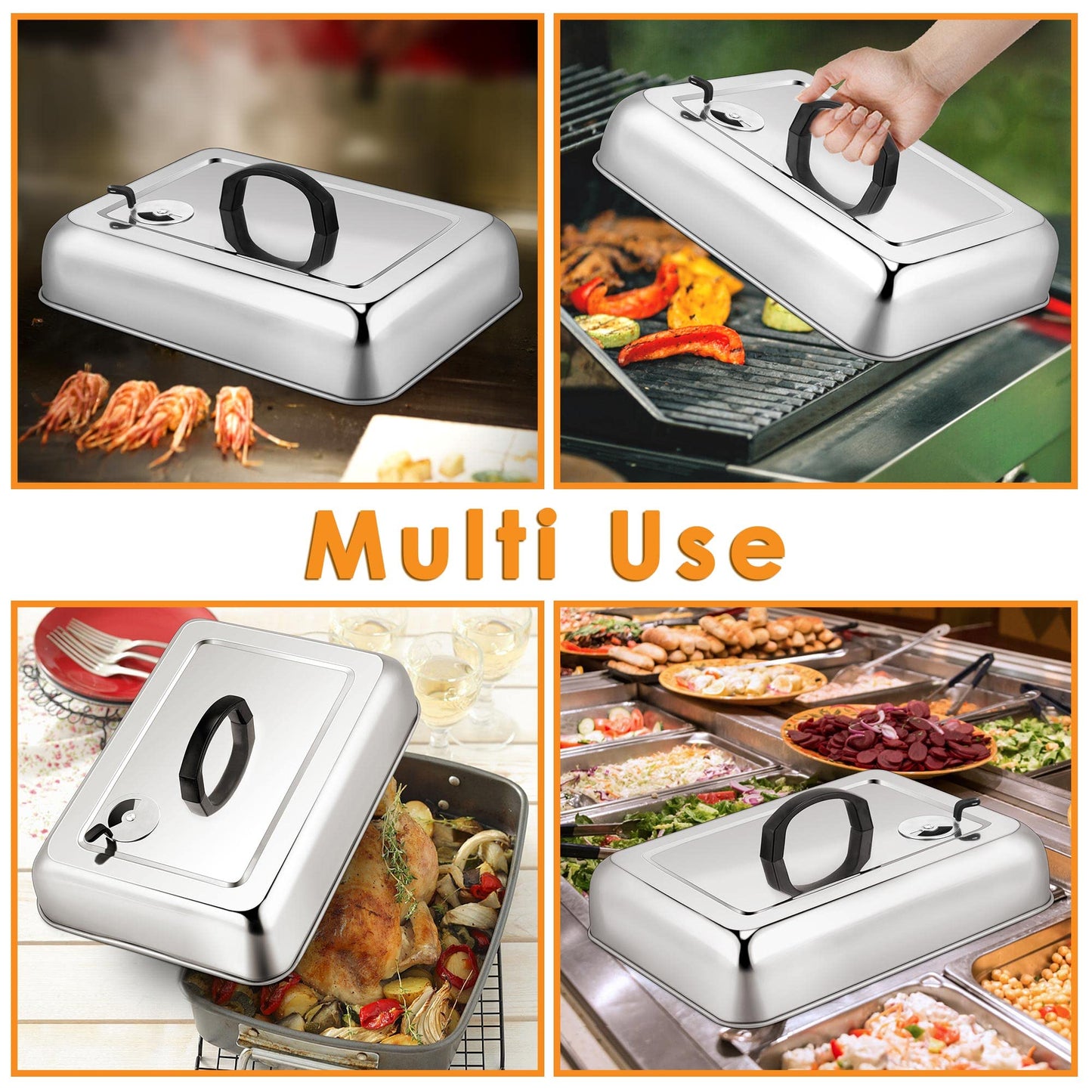 Leonyo 33 x 24 cm Rectangular Basting Cover Set of 2, with Adjustable Vent, Stainless Steel Metal Cheese Melting Dome Lid Heavy Duty for Outdoor&Indoor Flat Top Griddle BBQ Grilling Buffet Keep Warm