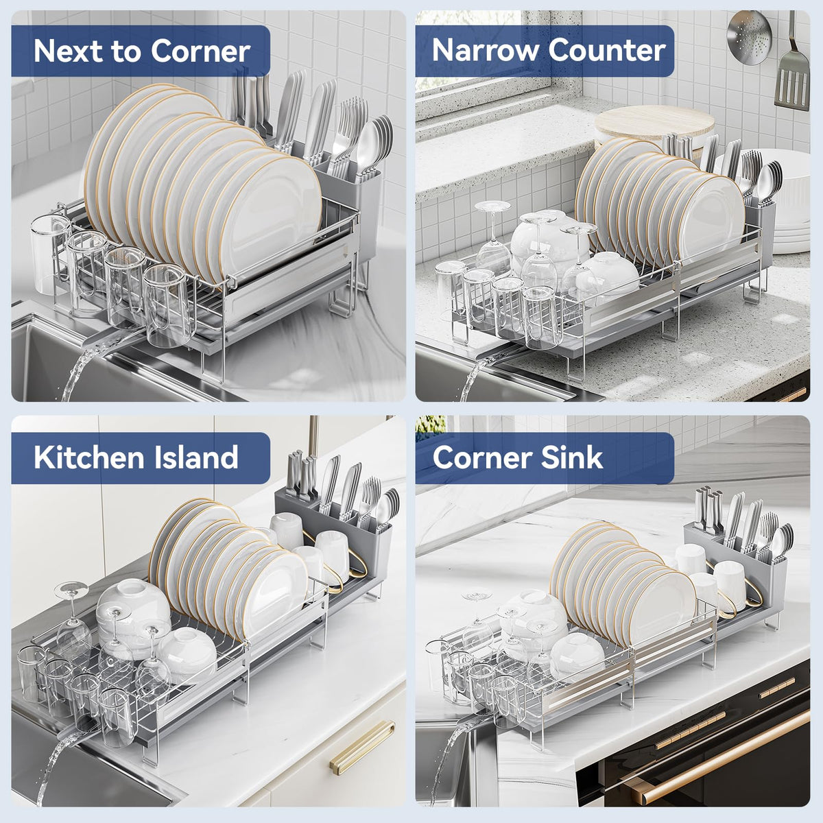 Pantasia Stainless Steel Dish Drying Rack - Expandable Dish Racks for Kitchen Counter Organizer with Drain Board, Detachable Utensil & Cup Holder, Dish Drainer for Small Kitchen Counter, Grey