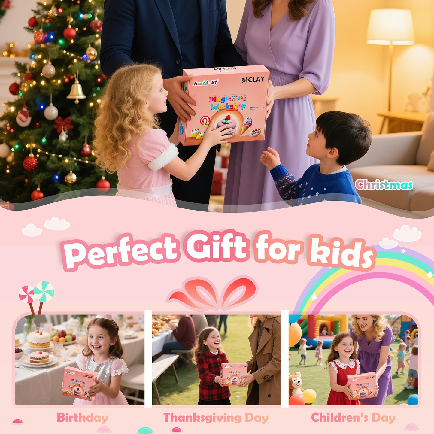 Air Dry Clay Kit - Cake Themed, Modeling Clay for Kids, DIY Model Magic Clay with Sculpting Tools and Tutorials, 12 Boxes Molding Clay, Ultra Light, Soft & Non-Sticky, Arts and Crafts Gift for Kids