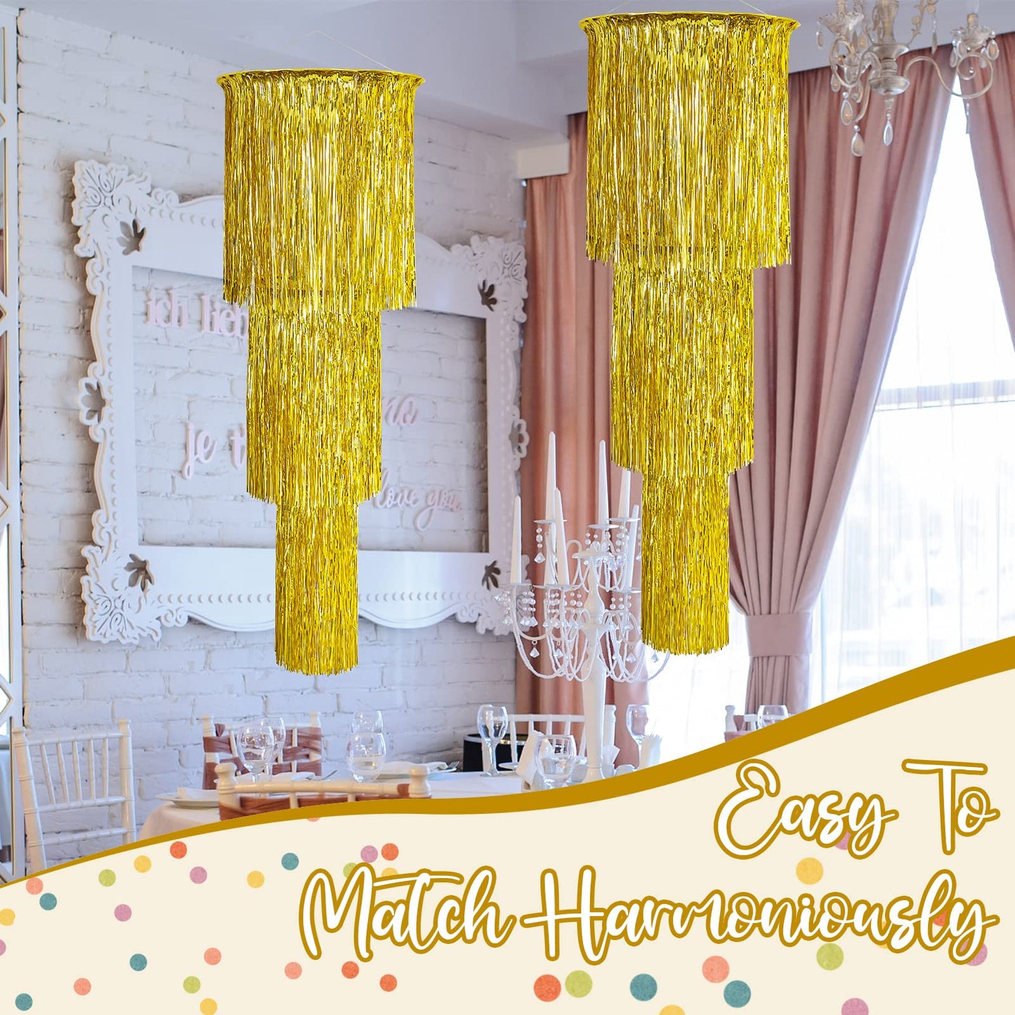 Tatuo 2 Pcs 3 Tier Metallic Tinsel Chandelier Shimmering Fringe Chandelier Decor Hanging Decoration Photo Booth Backdrop for Birthday Anniversary Wedding New Year's Eve Party Supplies, 4 ft (Gold)