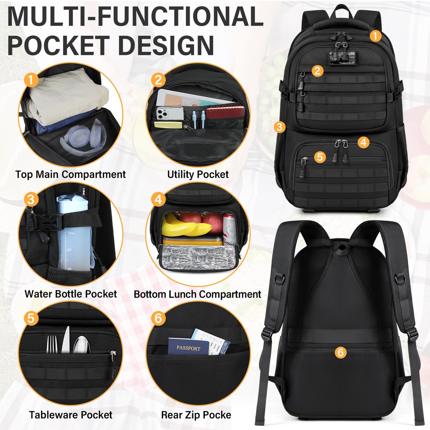 Lunch Backpack for Men & Women 17.3 Inch Laptop Backpack with USB Charging Port Waterproof Tactical Work Backpack with Insulated Lunch Bag for Travel, College, Business with MOLLE Design, Black