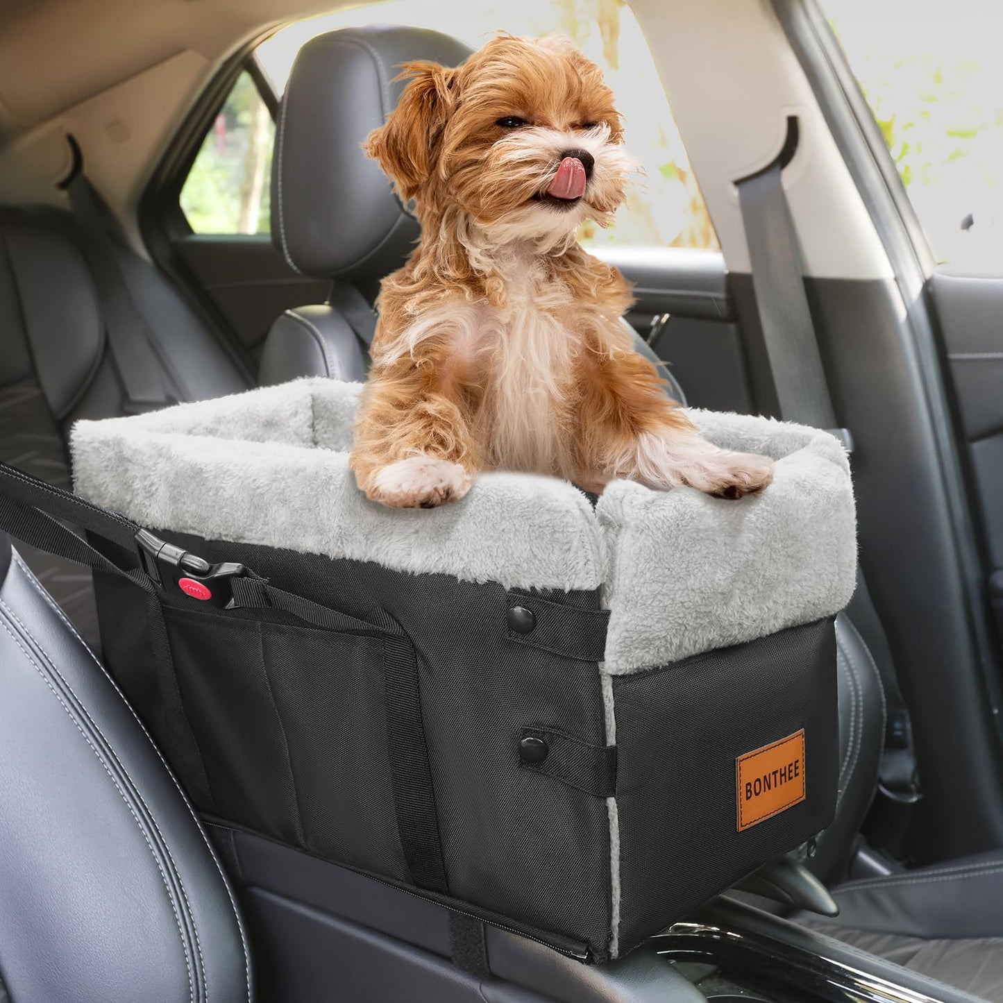 Console Dog Car Seat for Small Dogs,Small Dog Booster Seat for Car Washable Foldable Puppy Car Seat with Safe Protection Hooks Adjustable Straps and Storage Pocket Pet Up to 15lbs