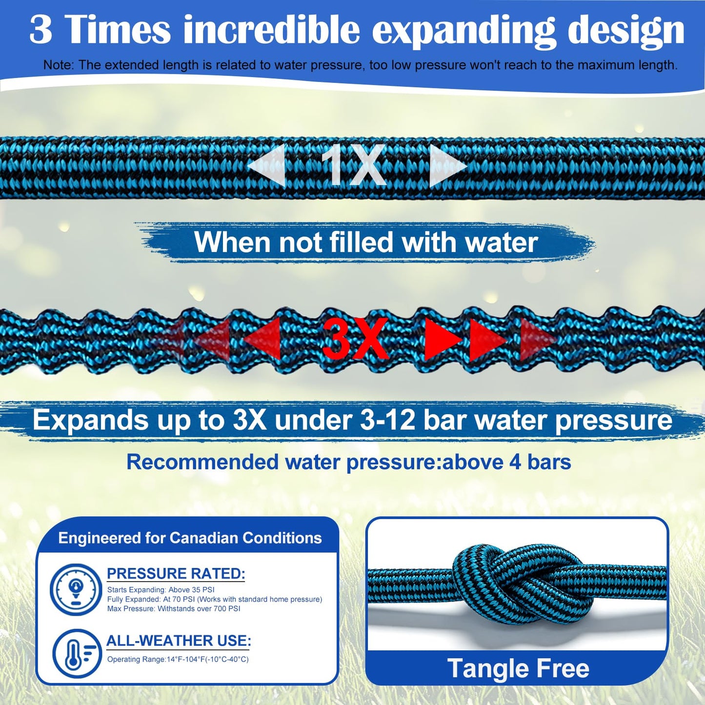 Expandable Garden Hose 100ft Water Hose with 10 Function Nozzle Flexible Expending Hose Kink Free,3-Layers Latex and 3/4 Solid Solid Fittings Retractable Collapsible Gardening Hose Pipe with Hook Blue