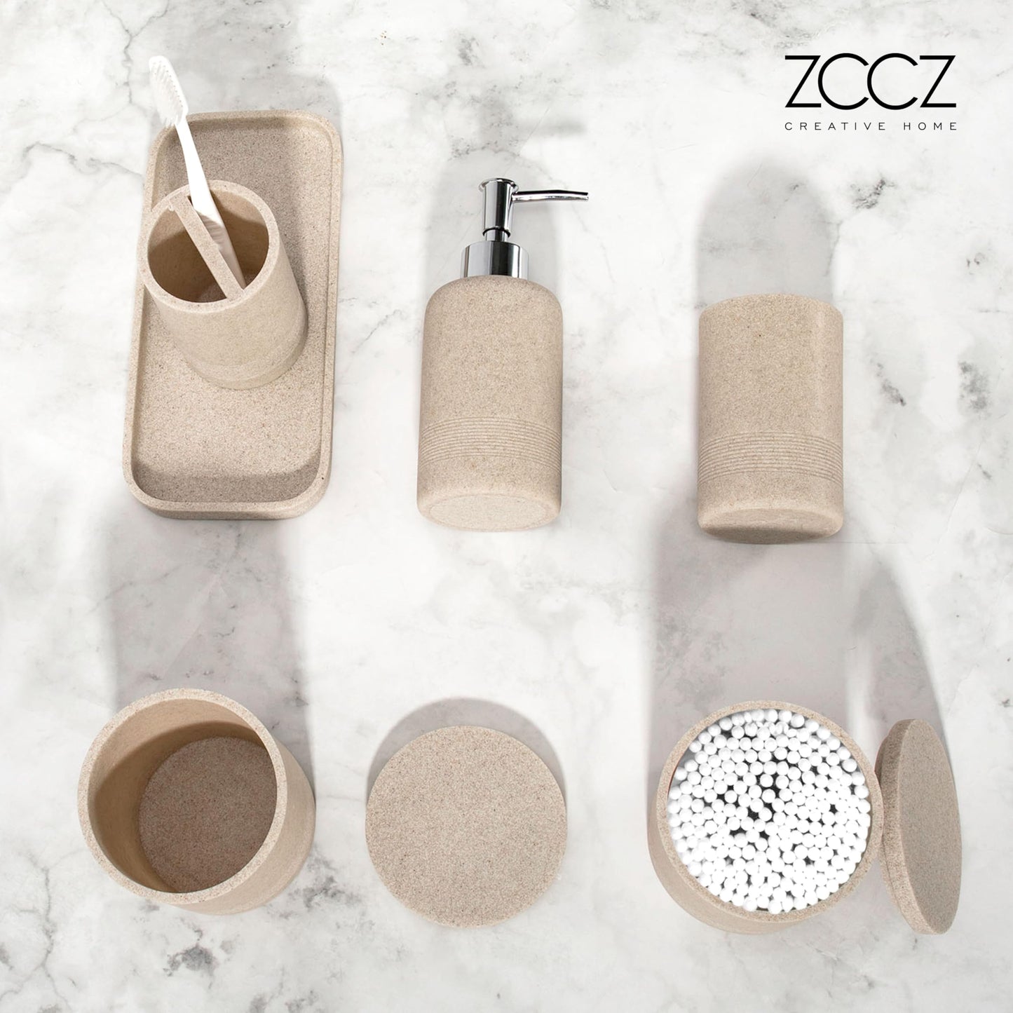 zccz Beige Bathroom Accessory Set 6 Pcs - Soap Dispenser, 2 Qtip Holder Dispenser, Toothbrush Holder, Vanity Tray, Bathroom Tumbler - Decorative Countertop Vanity Organizer - Accessoire Salle De Bain