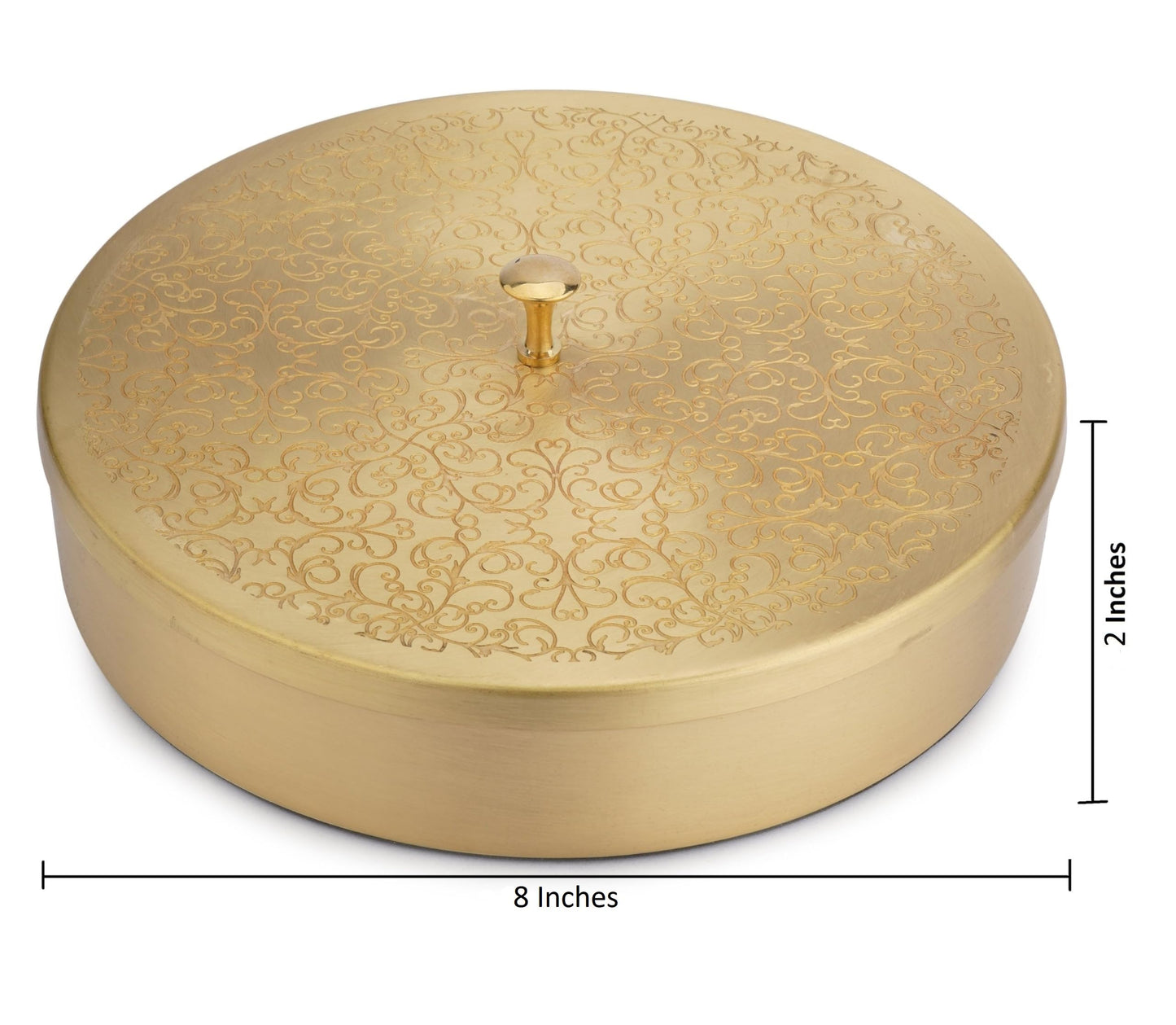 Ajuny Handmade Golden Brass Spice Box with Embossed Lid - Round Masala Dabba, 7 Removable Spice Storage Containers and 1 Spoon, Ideal for Spices and Herbs